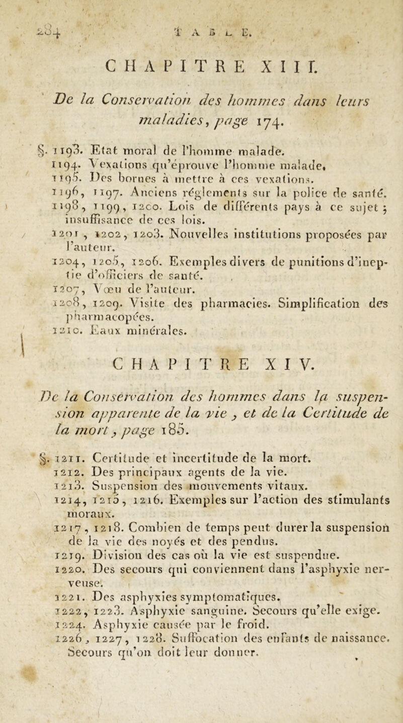 ^8.1 • 1- A û t. E. * CHAPITRE X I I T. De la Conservation des hommes dans leurs maladies, page 174. 1 t93. Etat moral de l’homme malade. 1194. Vexations qu’éprouve l’homme malade. TiqS. Des bornes à mettre à ces vexations. 1196, t 197. Anciens réglements sur la police de santé. 1198, t t 99 , i2co. Lois de différents pays à ce sujet j insuffisance de ces lois. 120 r , 1202, 120,3. .Nouvelles institutions proposées par l’auteur. 1204, 12o5, 1206. Exemples divers de punitions d’inep- tie d’officiers de santé. 1207, \ œu de l’auteur. 1208, 1209. Visite des pharmacies. Simplification des pharmacopées. 12 i c. E a u x rn i n éral es. CHAPI T R E X I V. 7)e la Conservation des hommes dans Ifi suspen- sion apparente de la vie y et de la Certitude de la mort y page i85. t211. Certitude et incertitude de la mort. 1212. Des principaux agents de la vie. 1213. Suspension des mouvements vitaux. Ï214, 1210, 1216. Exemples sur l’action des stimulants moraux. 1217, 1218. Combien de temps peut durer la suspension de la vie des noyés et des pendus. 1219. Di vision des cas où la vie est suspendue. 1220. Des secours qui conviennent dans l’asphyxie ner- veuse. 1221. Des asphyxies symptomatiques. 1222. 1220. Asphyxie sanguine. Secours qu’elle exige, j224, Asphyxie causée par le froid. 1226 „ 1227, 1228. Suffocation des enfants de naissance. Secours qu’on doit leur donner.