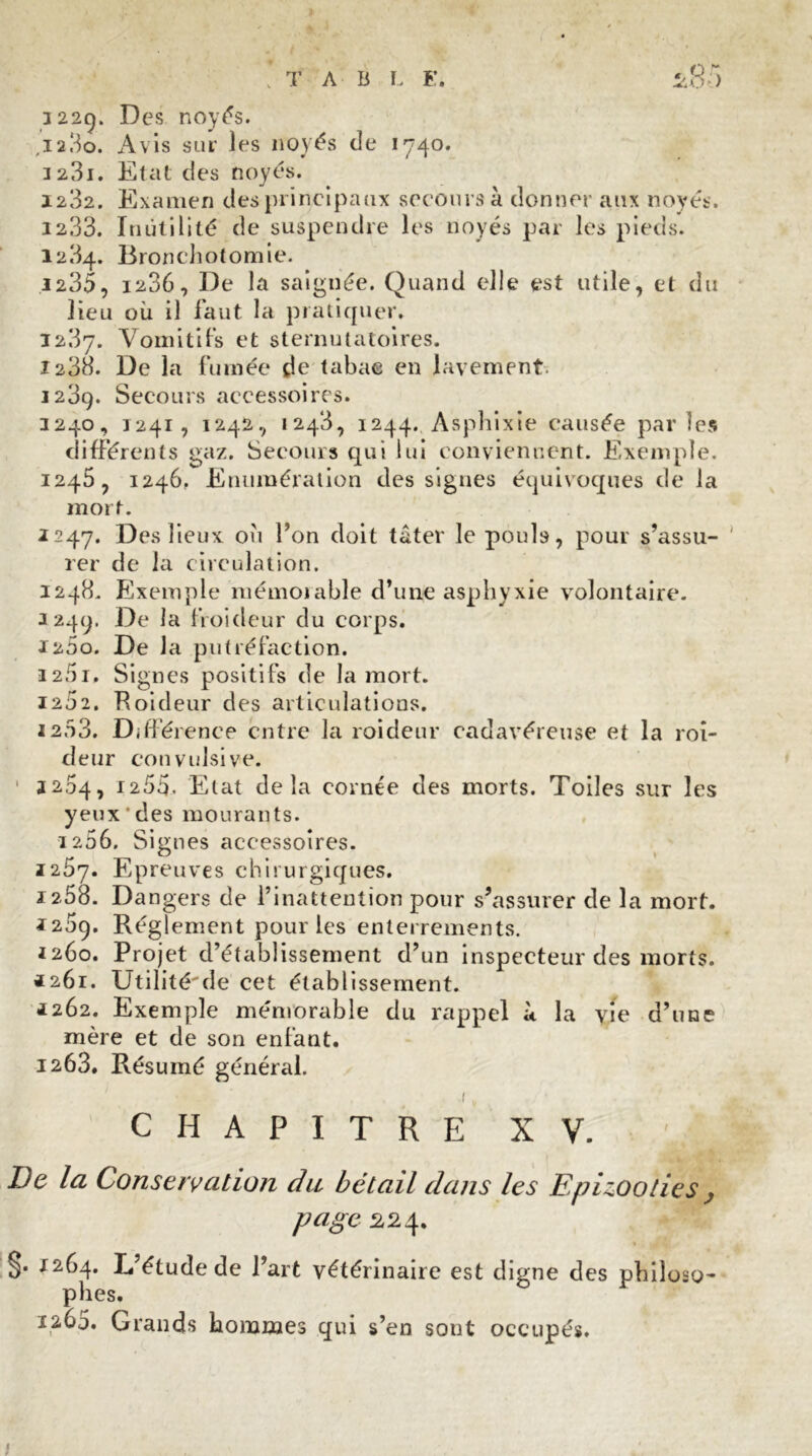 3 23i. Etat des noyés. 1232. Examen des principaux secours à donner aux noyés. 1233. Inutilité de suspendre les noyés par les pieds. 1234. Bronchotomie. 1235. 1236, De la saignée. Quand elle est utile, et du lieu où il faut la pratiquer. I23y. Vomitifs et sternutatoires. 1238. De la fumée de tabac en lavement. 1239. Secours accessoires. 3240, 3241, 1242, 1243, 1244. Asphixie causée parles différents gaz. Secours qui lui conviennent. Exemple. 1246. 1246. Enumération des signes équivoques de la mort. 1247. Des lieux où l’on doit tâter le pouls, pour s’assu- ' rer de la circulation. 1248. Exemple mémorable d’une asphyxie volontaire. 3249. froideur du corps. J260. De la putréfaction. 1251. Signes positifs de la mort. 1252. Roideur des articulations. 12.53. Différence entre la roideur cadavéreuse et la roi- deur convulsive. 3204, 1255. Etat delà cornée des morts. Toiles sur les yeux des mourants. 1206. Signes accessoires. 1257. Epreuves chirurgiques. 12.58. Dangers de l’inattention pour s’assurer de la mort. izoy. Réglement pour les enterrements. 1260. Projet d’établissement d’un inspecteur des morts. «261. Utilité'de cet établissement. 3262. Exemple mémorable du rappel à la vie d’une mère et de son enfant. 1263. Résumé général. CHAPITRE XV. De la Conservation du bétail dans les Epizooties , page 224. §. 3264. L’étude de l’art vétérinaire est digne des philoso- phes. 1260. Grands hommes qui s’en sont occupés.