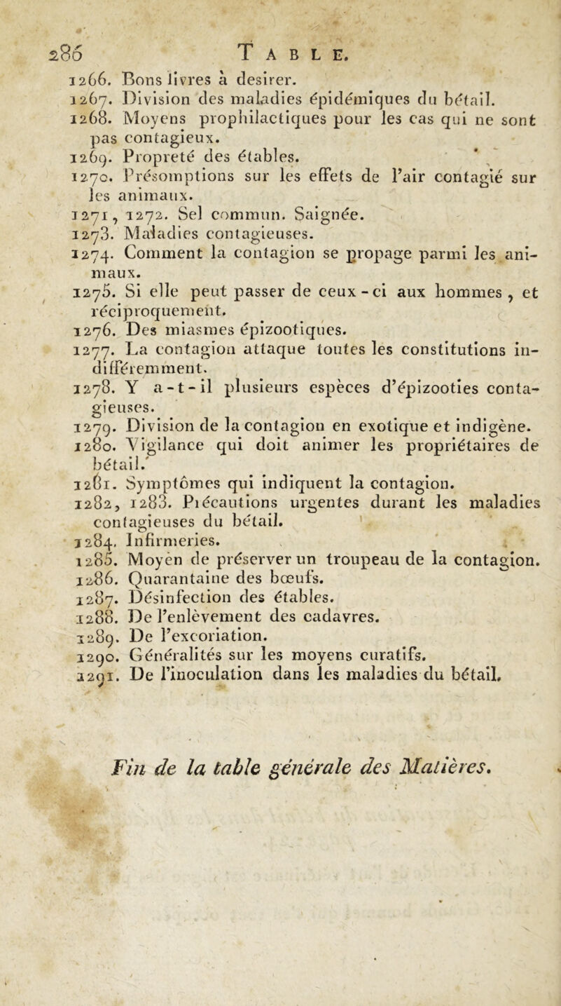 1266. Bons livres à desirer. 1267. Division des maladies épidémiques du bétail. 1268. Moyens prophilactiques pour les cas qui ne sont pas contagieux. 1269. Propreté des étables. 1270. Présomptions sur les effets de Pair contagié sur les animaux. 1271. 1272. Sel commun. Saignée. 127,3. Maladies contagieuses. 1274. Comment la contagion se propage parmi les ani- maux. 1275. Si elle peut passer de ceux-ci aux hommes , et réciproquement. 1276. Des miasmes épizootiques. 1277. La contagion attaque toutes les constitutions in- différemment. 1278. Y a-t-il plusieurs espèces d’épizooties conta- gieuses. 1279. Division de la contagion en exotique et indigène. 1280. Vigilance qui doit animer les propriétaires de bétail/ 3 2oi. Symptômes qui indiquent la contagion. 1282, 1283. Piécautions urgentes durant les maladies contagieuses du bétail. 3284. Infirmeries. 1285. Moyen de préserver un troupeau de la contagion. 1286. Quarantaine des bœufs. 1287. Désinfection des étables. 1288. De l’enlèvement des cadavres. 3289. De l’excoriation. 3290. Généralités sur les moyens curatifs. 3291. De l’inoculation dans les maladies cîu bétail. Fin de la table générale des Matières. \