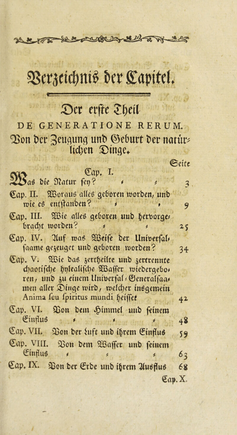 SSericictjnig kr Sapitel. V !Ött elfte 5“i)ett DE GENERATIONE HERUM. *2)011 ter 3euAun(i unl> ©eburt ber nariir lieben ©Inge* ©eitf Oft> Cdp* I* bfe Statur fei)? i c 3 €ap. n. SEorauö aUe^ getoren n)orben/ unb ' \vk c6 ent(lanben? ^ # ß^ap* in. 5S5te atle^ geboren uub berporge^ bracht tDorben? f f Cap. IV. Tluf tt)a6 SBeife ber Utu'perfal^ faame gejeuget unb geboren morben? Cap. V. ®ie ba6 jertbeifte unb zertrennte d)aotifd;e bpftaUfd)e ®affer ' triebergebo# reu, unb zu einem UniPerfaf?©enera(fatv men aller ®{nge nurb, meld^er in^gemem Anima feu fpiritus mundi beijfet Cap. VI. 95on bem »J^immel unb feinem ©miuö f * i Cap. VIL 35on ber iuft unb i^rem Cinjluö Cap. VIII. Sßon bem SBaffer unb feinem Cinf(u$ t i i, Cap, IX. 3Son ber Crbe unb ihrem Tfu^fJuö 9 2^$ 34 42* 4g S9 ^3 6g Cap.X.