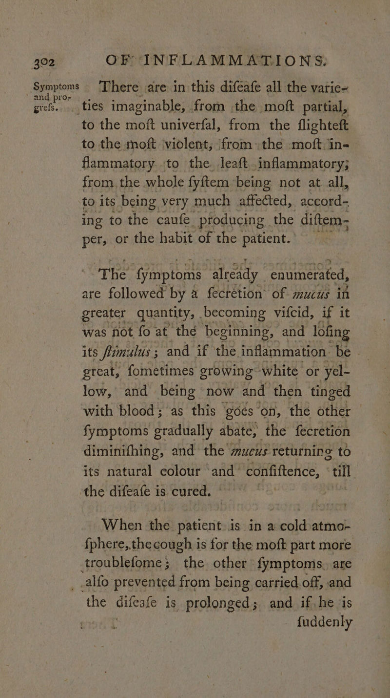 ’ and pro- grefs. OF INFLAMMAT IONS. There are in this difeafe all the varie=- to the moft univerfal, from the flighteft to the moft violent, ‘fromthe moft in- flammatory to the leaft,.inflammatory; from, the whole fyftem being not at all, to its being very much affected, accord- ing to the caufe producing. the diftem- per, or the habit of the patient. + oe {ymptoms ‘already enumerated, are followed by a fecrétion® of mucus in was not fo at thé beginning, and lofing its fimulus ; and if the inflammation. be - great, fometimes growing white or yel- low, and being now and then tinged fymptoms gradually abate, the fecretion diminifhing, and the mucus returning to its natural colour ‘and’ “Confiftence, till When the Mirai In a cold: atmo- {fphere,.the cough is for the moft part more the difeafe is prolonged; and if, he is ) {uddenly