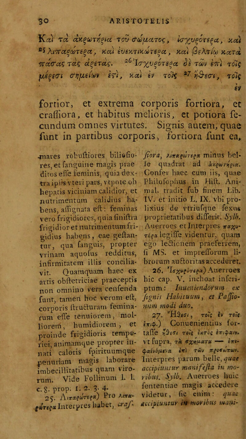 forrior, et extrema corporis fortiora, et craffiora, et habitus melioris, et potiora fe- cundum omnes virtutes. Sig-nis autem, quae funt in partibus corporis, fortiora funt ea, -naves robuftiores biliofio- Jiora, ?.ivzt>wrs^z minus bcl- res, et fanguine magis pvae ie quadrat ad Sci^uTijgiee. ditos effe feminis, quiadex- Confev haec cum iis, quae tva ipits vtevi pavs, vtpote ob Philofophus in Hili. Ani- hepatis viciniam calidior, et mal. tradit fub finem Lib. nutrimentum calidius ha- IV. et initio L. IX. vbi pro- bens, affignata eft: feminas lixius de vtriufque fexivs vero frigidiores, quiafiniftfa proprietatibus differk. Sylb. frigidior et nutrimentum fri- Auerroes et Interpres zxx-j- gidius habens, eae geftan- riqz legiffe videntur, quam tur, qua fanguis, propter ego lectionem praeferrem, vrinam aquofus redditus, fi MS. et imprefforum li- infirmitatem illis concilia- brorum au&oritas accederer, vit. Quamquam haec ex 26. 'leweortect) Auerroes artis obftetriciae praeceptis hic cap. V. inchoat infcri- „on omnino vera cenfenda ptum: InaenUndoftm ex funt, tamen hoc verum eft, /ignis Habituum, et PaJJio- corporis ftrudturam femina- num modi duo. rum effe tenuiorem, moi- 27. ro7; lv to7< lioretn, humidiorem , et 1*4.) Conuenientius for- proinde frigidioris tempe- taffe r«r« Urbe riei, animamque propter ili- vt fupra, r* — ixt- nati caloris fpirituumque QkMiuv* rm penuriam magis laborare Interpres parum belle, quat imbecillitatibus quam viro- accipiuntur manifefta in mo- Vide Pollinum 1. 1. ribus. Sylb. Auerroes huic L