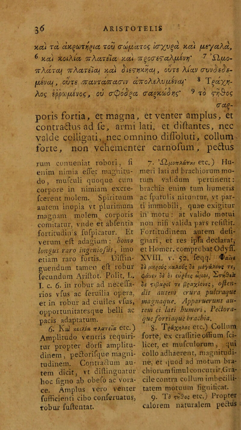y.ct1 tcI ct/tquT^tct rov cru)(Aa.Tog icrxvqa, acti [ityothoi, 6 x.ct) *oiAia. TrAciTsia. -/.cu n%ccrtcra.\fisvr)' 7 ‘SH^o- TrAarct/ 7rAaTf7cq zct) , ovrs \tctv crvv$e$s- f/,svcq, cine ■7rccjTco7rctcriv a.7roheJ\.v/xsvcLf' 8 Aog sfponfxevog, ov crtyo^a. crct^i^rig' 9 ro q-rfiog creto- poris fortia, et magna, et venter amplus, et contradas ad fe, armi lati, et diftantes, nec valde colligati, nec omnino diffoluti, collum forte, non vehementer carnofum, pectus rum conueniat robori, fi 7. 'Slponiaretc.) Hu- enim nimia elTet magnitu- meri lati ad brachiorum mo- do , mufculi quoque cum tum validum pertinent: corpore in nimiam excre- brachia enim tum humeris fcerent molem. Spirituum ac fpatulis nituntur, yt par- autem inopia vt plurimum ti immobili, quae exigitur magnam molem corporis in motu: at valido motui comitatur, vnde et ahfentia non nifi valida pars reliftit. fortitudin s fufpieatur. Et Fortitudinem autem deli- verum eft adagium: homo gnari, et res ipfa declarat, longus raro ingeniofds, imo et Homer. comprobat OdylT. etiam raro fortis. Difiin- XVIII. v. 52. feqq. Qxivt guendum tamen eft robur xx*ot/( Ss jz&y&t.ovc re, fecundum Ariftot. Polit. L. Quvev U 01 ev?h<; u;coi, SrtjSt* I. c. 6. in robur ad necefla- Ss v/(3zgol rs /3gzxtcvc;, ofien- rios vfus ac feruilia opera, clit autem crura pulcraque et in robur ad ciuiles vfus, magnaque. Apparuerunt au- opportunitatesqtie belli ac tem ci lati humeri, Pector a- pacis adaptatum. que fortiaque brachia. ^ 6. Kc« /.ciAcc TtxciTtlx etc.) S- T?«^A0? etc.) Collum Amplitudo ventris requiri- forte, ex crallirieoflium fci- tur propter dorfi amplitu- licet, et mufculorum, qui dinem, pe&orifque magni- collo adhaerent, magnitudi- tudinem. Contractum au- ne, et quod ad motum bra- tem dicit, vt diftinguatur chiorumfimuleoncurrir.Gra- lioc figno ab obefo ac vora- cilecontra collum imbecilli- ce. Amplus vero venter tatem motuum fignificat. fufficiemi cibo conferuatus, 9. Td etc,) Fropter robur fuftentat. calorem naturalem petfus