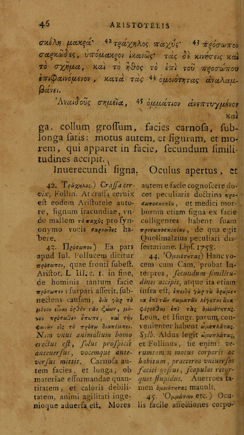 CMkri ficcmgec' 42 TgccfflAog yru^vg' 4* ireoa-UTrov CCtQy.Ci)^ £g , VTTOflUKOOV MCCVCOg' TO.g Jg jilVtfUSig 'A.OU to ax/ifXjct, Hat to ii&og ro ctt) tov TT^ocrcaTirov 67n<pcctvofAevov , nava., nag 44 opioioTr,Tctg ctvaAau- IQccvet. AvatJ'oug crtjptsia, 4^ opc/xaTiov civs7rjvryfj,svcv y.ai ga, collum groflum, facies carnofa, fub- longa fatis: motus autem, er figuram, et mo- rem, qui apparet in facie, fecundum limili- tudines accipit. v Jnuerecundi figna 42. TfaxsjAo?.) CraJJa cer- vix, Follin. At orali a, eeruix eft eodem Arillotele auto- re, lignum iracundiae, vn- de mallem profyn- onymo vocis axgKciSec ha- bere. 43. Ylgdecoxov') Ea pars apud Iui. Pollucem dicitur irgisaxov, quae fronti fubeft. Ariftot. L III;c. I. in fine, de hominis tantum facie •xgbauixn vfurpari aflerit, fub- nectens canfam, Sict yag rb ftovoy tiViyjf ogbbv tSj <^uw/ , /J.S- vev xgbfcaljto oxcjxs, xut Ttjv 4,ft)yjjv sic TO XgOHW SlCtxi(hXtt. N.tin vnus animalium homo erectus eft, fotus profpicit anteuerfus, vocemque ante- verfus mittit. Carnofa au- tem facies, et longa, ob materiae elTormandae quan- titatem, et caloris debili- tatem, animi agilitati inge- ilioque aduerfa. elf, Mores Oculus apertus, ct autem e facie cognofccre du- cet peculiaris doctrina %ga- aoixoay.oxla , et medici mor- borum etiam figna ex facie colligentes habent fuam xgoTaixoey.oxixv , de qua egit Quellmalzius peculiari dis- fertatione. Lipf. 175-8- 44. rOhoiotutuc) Hanc vo- cem cum Cam. probat In- terpres , fecundum fimilitu- dines accipit, atque ita etiam inita eft, sxeibij yagret bgxnc ox eri rw/ cuusctSv hiysrxt uvx if.igeeSa.1 exi rk{ bnotoniTx;. Leon, et Ifingr. parunt, con- venienter habent ui^xharx;. Sylb. Aldus legit <J/zoxfMTx;, et Follinus , lic enim : ve- rumtamen motus corporis ac habitum, praeterea vniuerfos faciei peftus, jcapulas retor- quet ftupidus. Auerroes ta- men biiiioT^rxc mauult. 45. 'OmauTiov etc.) Ocu- lis facile aliecUojtes corpo--