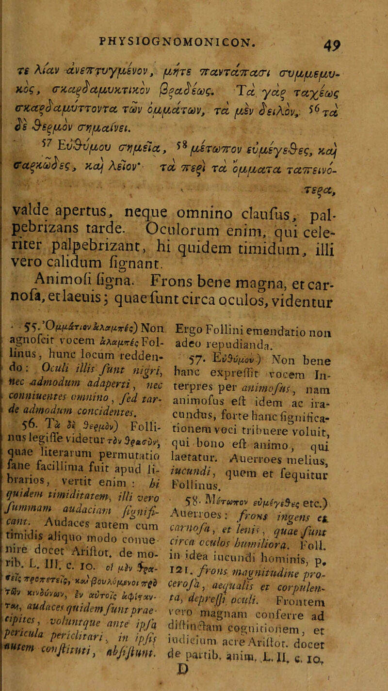 TS Aiuv avefrrvytfisvov, fitjrs ‘7rctvTa.7rcuri a-v/u/ue/uv- ko$, C/Cci(?$ctfu>v}iTi!ioy (2qct$sct)g, Tct yctq Tctyscog CTKCtCc) CtUVTTOVTCt TUV CUfACtTM, TCt [A£V dei/ov,. $6 TcC, &eqptov crn/utctivei. 57 Et‘i&vfAov CfjfAsict, ^ [ASTCi)7rov sviAeysSeg, y,ctj (Tctgxct)$eg, Kdj Afiov' na. 7req) rct o/AfActrct tctTreivo- ■TSgCt, valde apertus, neque omnino claufus, pal- pebnzans tarde. Oculorum enim, qui cele- riter palpebnzant, hi quidem timidum, illi vero calidum fignant. Animofi ligna. Frons bene magna, etcar* nofa, etlaeuis 3 quae funt circa oculos, videntur ■ 55- 'Onii&nav Non agnofcir vocem «aa/w^Fol- linus, hunc locum redden- do : Oculi illis funt nigri, itec .admodum adaperti, nec conniuentes omnino , fid tar- de admodum concidentes. 56. T« U $eftib) Folli- nus legifle videtur rdv hcuc-jv1, quae literarum permutatio iane facillima fuit apud li- brarios, vertit enim : hi quidem timiditatem, illi vero fummam audaciam fignifi- cant. Audaces autem cum timidis aliquo modo conue- nire docet Ariftot. de mo- nb. L. Uf. c. 10. oi pi* igX. *t“' ^fOTTSTsif, Kflw' /30t/A<5j^SV0< $ T&j KivStjvw/y |v aCroit xtpfrxv- r«n, audaces quidem funt prae- tipucs, volunt que ante ipfa, pericula periclitari, in ipfis *utem wfirmi, ab fi Jiunt. Ergo Follini emendatio non adeo repudianda. 57. EvSufiov) Non bene hanc expreffir vocem In- terpres per animoftts, nam animofus eft idem ac ira- cundus, forte hanc figniHca- tionemvoci tribuere voluit, qui bono eft animo, qui laetatur. Auerroes melius, iucundi, quem et fequitur Follinus. 58- nbr«TOV evpiyiSe; etC.) Auerroes: frons ingens e$. camo/a, et lenis, quae funt circa oculos humiliora. Foli. in idea iucundi hominis, p, 121 . frons magnitudine pro- cerofa, aequalis et corpulen- ta, dcprejji oculi. Frontem vero magnam conferre ad diftinchjan cognitionem, et indicium acre Ariftot. docet de parrib. anim. I. n c. 10 D