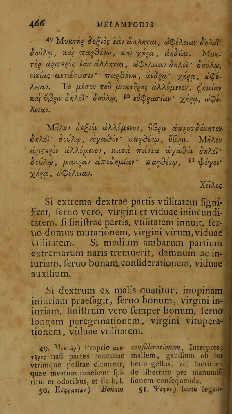 49 MVK7*I% $£%iog sui/ -aXKvjTaui, d(pe\actv <3^Ao7* covAa, v.a^ TraqSevct), xdj %yk>u, dtjeiCav. Mvx- Tt}% ci°i7S°Gq tuv u\kr^u\, a>Ot/\&U'j $rt\oi' Sovhco, oixiag fxsrd-Tucriv’ ncio&svw, dvfyu' u$s- KtiUV. T0 fJLSCTGV TOV flVXTJT^Og uWo[>A')Q'J, fyfJAUV xuj vQqtv c) >? Ac7 ■ £ouA&), 50 «t/Cp^cnai/ ’ %^c6, dtye- Pimuv. MljAov Cl S^lGV dWojUSVOV, U7T^0(r^OXfJT0V drjkdi’ dovka, dyu&ov’ 7raftsvct), vQqiv. M^Aov dziTsqov uAdoysvov, xutu 7Tuvtu dyaSov dr/Aoi' \ coii Aoo, ycizqclv aTToctrifAiuv ' TruoSsva, xpoyov’ yjjpa, dty&keiav. X«Acf Si extrema dextrae partis vtilitatem figni- ficat, feruo vero, virgini et viduae iniucundi- tatem, fi finiftrae partis, vtilitatem innuit, fer- uo domus mutationem, virgini virum, viduae vtilitatem. Si medium ambarum partium extremarum naris tremuerit, damnum ac in- juriam, feruo bonam conliderationem, viduae auxilium. Si dextrum ex malis quatitur, inopinam iniuriam praefagit, feruo bonum, virginiin-. iuriam, finiftrum vero femper bonum, feruo longam peregrinationem, virgini vitupera- tionem, viduae vtilitatem. 49. Mt/Krij?) Proprie /xvk- conjiderationem, Interpres■ nafi partes concauae mallem, gaudium ob res j vtrimque politae dicuntur, bene geftas, vel Iaetitinmt’3 quae meatum praebent fpi- de libertate per manumif- j ritui et odoribus, et Ite h. 1. lionem confequenda. 50, Ei^gacuv) Bonam 51. ^6yov) forte legen» 1