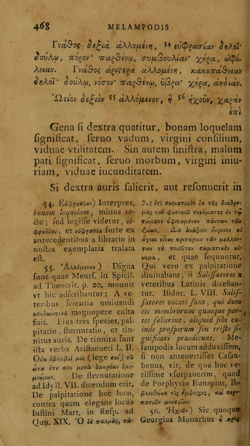 TvdB-oq ict u\Aofi£vri, $4 evO^ciartav &^Ao7‘ fiovAct), ttooov' 7rcc^&svai, (rv/joQovAiccv’ %^£t, ootyL A&ictv. I vclSog d^s^a aAAofjdvri, xazo7rct9-Hctv dqkol ‘ SovAco, vocrov' 'jraoQ-sva), vfigiv’ %>?£«, dyoidv. flrlov de^iov ^ dAAopcevov, tj ^ r^ovv, ^cc^dv » \ S7TI Gena fi dextra quatitur, bonam loquelam fignificat, feruo vadum, virgini confilium, viduae vtiiiratem. Sin autem linifha, malum pati lignificat, feruo morbum, virgini iniu- riam, viduae iucunditatem. Si dextra auris falierit, aut refonuent in 54. Ev^aalctv) Interpres, bonam loquelam, minus re- cte; fed legiffe videtur, ev- tyfxbtxy , et ei/Q^oceiu £01 te ex antecedentibus a librario in noftra exemplaria tralata eft. 55. 'Af^ofievov) Digna funt quae Meurf. in Spicii, ad Theocrit. p. 20. monuit vt hic adferibantur: A ve- teribus fcientia ominandi xAySuvir<xi) magnopere culta fuit. Eius tres fpecies, pal- pitatio , fternutatio , et tin- nitus auris. De tinnitu funt ilta verba Ariftaeneti L. If. CD* f(3s/r(3it noi ( lege eoi) t>x uret Ure eoo [lera Sax^uaiv l/xe- pvtjwv. De fternutatione ad Idy 11. VII. dicendum erit. De palpitatione hoc loco, contra quam elegans locus ’ Iuftini Mart. in Refp. ad Quu. XIX. rO Si k&- 5,; ev) ctaizxTr/.dv ex ri?; SiaSfO- iMjt; tov <pu7ixcu tthivuzto; e» TU euixxTi xuvtwv tSv cJmwv. /Aib avazic/ exgnov oi clyioi stvvj xgiryj^iuv riuv fj.eK?,bv- rcov rd roicurov euizctrixbv xr wij.il, et quae fequuntur. Qui vero ex palpitatione diuinabant, ii Salijjatores a veteribus Latinis diceban- tur. Ilidor. L. VIH. Salif- Jatores vocati funt, qui dum eis membrorum quaeque par- { tes falicrint, aliquid /ibi ex- inde pro/perum Jeu trijlc Jt- gnificari praedicunt. Me- lampodis locum adduxiflem, It non anteuertiflet Cafau- bonus, vir, de quo hoc ve- ritlime vfurpauerim, quod de Porphyrio Eunapius, I3«- (3a<c9>jk>> t); 4‘i^vxot, xcu xegr orxTouv ficveelov. 56. ’H^eCv) Sic quoque Geo 1 eius Monachus ij .xfot