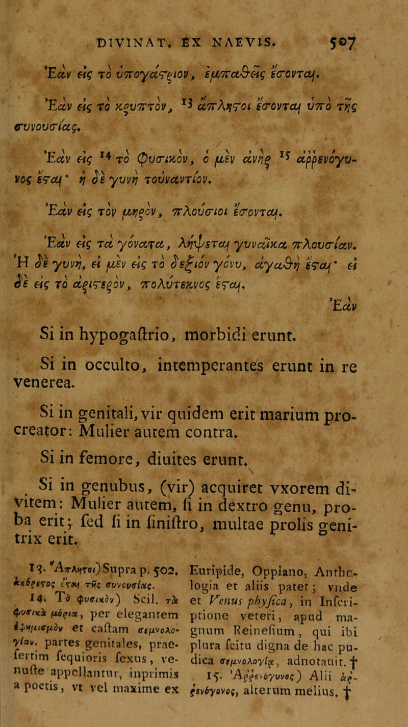 ‘Edv «V T0 VTTOyct^lOV , ifJLTTCt&siq eCOVTCLj. ’Eav eig r0 X.PXJ7TT0Vf l3 aTrhyroi ea-ovTcoj vtto Tfjs cvvovcriag. ’Edv eis 14 to (pvcrtzov, 0 fih dvriq vos £9a/' yi de yvvrj tovvccvuov. ctjpevoyv- ’Edv eig toy (J^pov, 'tvXovgloi ecrcncuj. ’Edv eis t<z yovctra, A^sretf yvvaixct 'nXoveriau. 'H as yvv*], ei /uev eis to ds^tov ydvv, dyu&fj e?ouj’ ei de eig to dqirsqov, otoAvtskvos s^oof. Si in hypogaftrio, morbidi erunt. Si in occulto, intemperantes erunt in re venerea. Si in genitali, vir quidem erit marium pro- creator: Mulier autem contra. Si in femore, diuites erunt. Si in genubus, (vir) acquiret vxorem di- vitem: Mulier autem, (i in dextro genu, pro- ba eritj fed fi in finiftro, multae prolis creni- trix erit. 13. Ata^oOSupra p. 502. Euripide, Oppiano, Anrhc- irxf tn trwcvalxs. logia et aliis patet; vnde 14* Td <pvffmdv) Scii. Tck et Venus phyjtca, in Infcri- (frvriKat n6?ta, per elegantem ptione veteri, apud ma- Itmuciihv et caftam at^oao- gnum Reinelium, qui ibi yiav, partes genitales, prae- plura fcitu digna de hac pu- eitim fcquioris fexus, ve- dica fff^voAoy/a, adnotauir.f nuite appellantur, inprimis 15. 'Ag^bywoi;) Alii &*’, a poetis, vt vel maxime ex gtvbyevof, alterum melius,