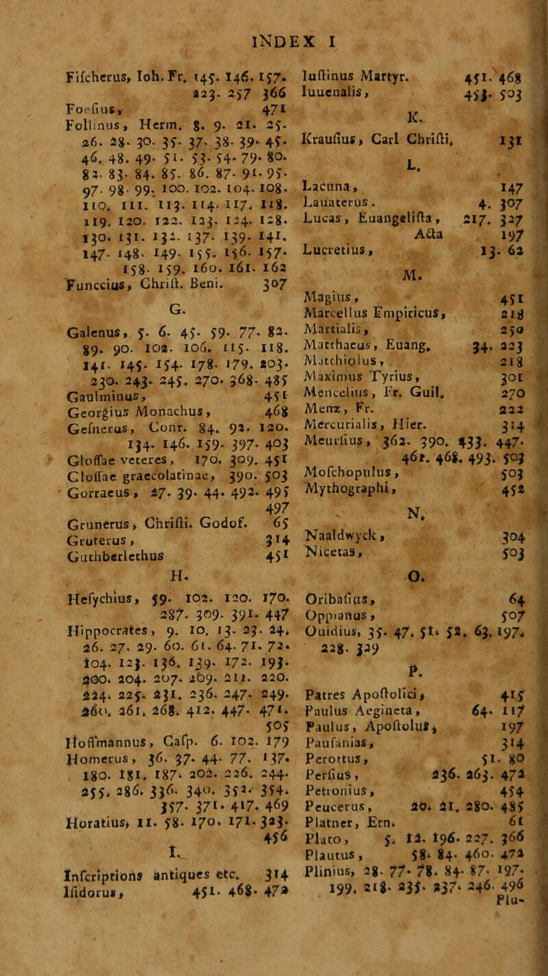 Fifcherus, Ioh. Fr, 145. 146. 157. 423. 257 366 Foefius, 471 Follinus, Herm. g. 9. ai. 25. 26. 2g. 30. 35. 37. 38. 39. 45. 46. 48. 49- Si- 53- S4- 79- 80. 8J. 83- 84- 85. 86. 87- 9*- 95- 97- 98- 99-. IO°- 102. 104.108. 110. ni. 113. 114. 117. 118. 119. 120. 122. 133. 124. 128. 130. 131. 135. 137- 139- *4*. 147. 148. 149. 11'5. i>6. 157. 158. 159. 160. 161. 162 Funccius, Ghrift. Beni. 3°7 G. Galenus, J. 6- 4S- S9- 77- 83. 89. 90. icia. 106. 115. 118. 141. 145. 154. 178. 179. «03. 230. 243. 245. 270. 368- 485 Gaulminus, 451 Georgius Monachus, 468 Gefnerus, Conr. 84. 9*- *20. 134. 146. 159- 397- 403 Gloflae veceres, 170. 309. 4$! Gloffae graecolarinae, 390. 503 Gorraeus, 27. 39. 44. 492. 49) 497 Grunerus, Chrifti. Godof. 6$ G rute rus, 314 Guthberlechus 45* H. Hefychlus, 59. 102. 120. 170. 287- 309. 391. 447 Hippocrates, 9. IO, 13. 23. 24» 26. 27. 29. 60. 61.64. 7*. 72* 104. I2J. 136. 139- *72- 193- 200. 204. 207. 2O9. 211. 220. 224. 22J. 231. 236. 247. 249. 260. 261. 268. 412. 447. 471. 505 itoflfmannus, Cafp. 6. 102. 179 Homerus, 36. 37. 44- 77. *37« 180. Igi. I87‘ 302. 226, 244. 355. 386. 3J(’- 34°. 35 *• 354. 357- 37‘- 4i7. 469 Horatius, ii. 58- 170. 171-3*3- 456 I. Infcriptions antiques etc. 314 Ifidoru», 45*- 468- 47» luflinus Martyr. 451- 468 luuenalis, 45J- 5^3 K. Kraufius, Cari Chrifti, lil L. Lacuna, *47 Lauaterus . 4. 307 Lucas, Euangslifta, 2*7. 327 A£ta 197 Lucretius, 13. 62 M. Magius, 45* Marcellus Empiricus, 218 Martialis, 2)0 Matthaeus, Euang, 34. 223 M-itchiolus, 218 Maximus Tyrius, 30t Meneclius, Er. Guil. 270 Memt, Fr. 222 Mercurialis, Hier. 3!4 Meurlius, 362. 390. 433- 447- 461. 46*. 493. 503 Mofchopulus, 50? Mythographi, 45* N. Naaldwyck, 304 Nicetas, 5°3 O. Oribafius, 64 Oppianus , 507 Ouidius, 35. 47. Jt, J2. 63. 197. 22g. 329 P. Patres Apoftolici, 413 Paulus Aegineta, 64. 117 Paulus, Apoftolu** 197 Paufanias, 314 Perottus, 51. go PerfiuS, 236. 263. 473 Petronius, 454 Peucerus, 20, 21. 28O. 48) Platner, Ern. 6t Plato, 5. 12. I96- 227. 366 Plautus, 38- 84- 46°- *7i Plinius, 2g. 77. 78- 84- 87- 197- 199. 2ig. 33J. »37. 246. 496 Plu-