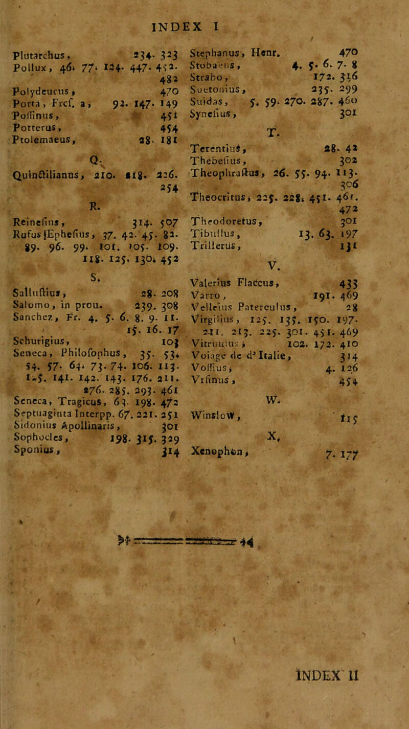 Plutarchus, =34- 323 Stephanus, Henr. 470 Pollux, 461 77* 134* 447* 4s-2* Stobaens, 4* 5. 6. 7- 8 482 Strabo, 172. 316 Polydeucus , 470 Suetonius , 235. 299 Porta, Frcf. a, 92. 147* »49 Suidas, 3. 39. 270. 287* 460 Pollinus, 431 Syneiius, 3°* Potterus, 454 T. Ptolemaeus, 28- 181 Terentiui, 28- 4* Q- • X K, Thebelius, 302 Quintilianus, 210. £lg> 3:6. 254 R. Reinefins, 314. 507 RufusJEphcfius, 37. 42. 45. 82. 89- 96- 99- iot. 105. 109. U8- 125. 13O* 453 S. Salhiftius, Saloino, in prou. Sanchez, Fr. 4, $. 6 Schurigius, Seneca, Philofonhus, S4. 57- 64. 73. 74- l-J. 141. 142. 143. »76. 283. Seneca, Tragicus, 63. Septuaginta Interpp. 67. Sidonius Apollinaris, Sophocles, 198, Sponius , 28. 208 239. 3°8 8. 9- ll- j. 16. 17 IOJ 35* 53* 106. 113. 176. 2lt. 393. 46I 198- 47- . 221. 2J1 3°* 315. 329 J*4 306 Theocritus» 22j. 228, 4{i. 461. 472 Theodoretus, 301 Tibullus, 13. 63, »97 Trtlleriis, ijl V. Valerius Flabcus, 433 Varro, 191. 469 Velleius Paterculus, 28 Virgilius, 123. 133, 130. 197- 2-H. 213. 22J. 301. 4JI. 469 Vitruuiiisj 102. 172. 410 Voi.tgc de tPItalie, 314 Vollius i 4. 126 Vi limis, 454 w. WinsloW, <13 Xenophon, 7- 17t >F~ ii