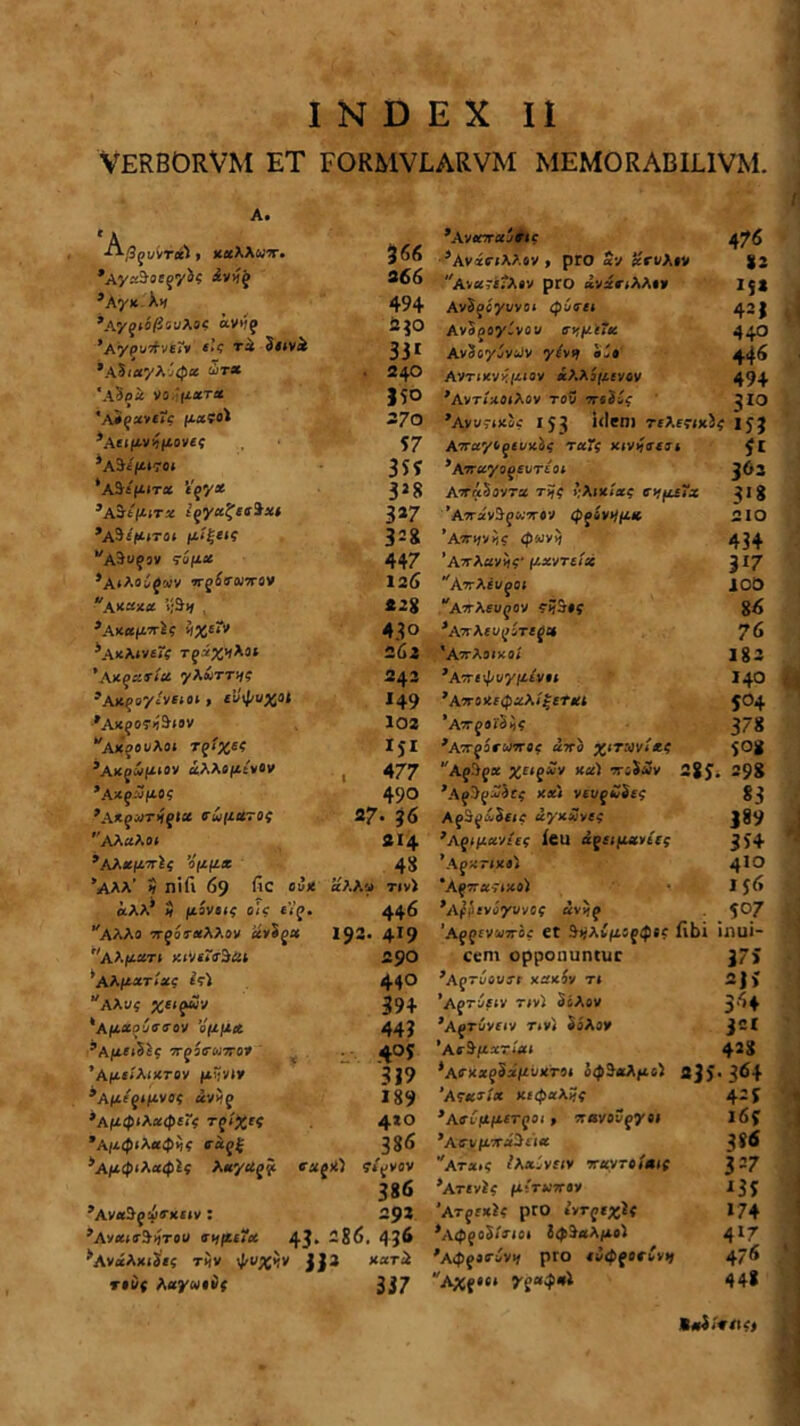 VERBORVM ET FORMVLARVM MEMORABIL1VM. A. * A ■LlQqVVTxl 1 X«AAW7T. 3 66 *Ay29-»£fya? iv>)j 3 66 ’Ayx X>) 494 ,Ayqib(li-JAac aVifg 230 'Aypvirvuv <>’? ri 5«»vi 331 ’A5(«yAv<p0! V1TX • 240 'ASpx VO^ixtx 150 'A*quiete lixtol 270 *Ae*(x.vsj/xovc^ 57 jA3£>IT0» 355 'a%£(£itx 'iqyx 3J8 JA3-t/iiTx Ijya^£ff3x< 3»7 *lA$4|tt(TS> 328 ASufav 9‘ufiiie 447 ‘AtAopfwv argiirararsv 126 \xxxx ’i;3x *28 ^Axa/xarJ? 3%«»*’ 430 ^AxAjveTf TqriX1!*3£ 263 *Axquria yAiryiii *Ax.qsy/v£ioi, fi/i^uxo» 242 149 'Ax^ot^iov 103 axpoi/Aoi rqixtt; rSr ’Axji(£i»v «AAofiivoy 'Axf.JfiO? , 477 490 ’AXqUTXqlX CuillUTOf 27- ?6 AAxAoi 214 ’AA XIJ-Tlf 0(iflX 48 ’aaa' $ nifi 69 fic oux «AAu tiv) «AA* 3 f£3V«<$ 0<P *'/f. 446 AAAo vrqoirxAAov xvSqx 192. 4I9 AAf4££T< V.lViiS3Ut 290 'aAi*xt!x{ 440 AAu? xe‘^v 394 *A(iaoyo-ffov 0(lfJ.it 44? ’Aft£>§5c 7rqie-u7rov •• 4°5 ’Af££<'A(xroy (xr/iy 319 *AlJ.tqiltVOf uvxq 189 >Api.lp‘Auipc~( TqixtS 4x0 ’A/i<piAa0li( fxq( 386 *AiUp‘Ax<ptf A uyUqif. c x ?*£>VOV 386 293 ,Avu$qA<rnuv : >Avanr$>tTOU <styiiTu 43. 286. 436 ^AvaAxiS«? thv 0VXW 3J4 xari rsuf Aaywiv; 337 ,AvttrajTic 4 76 sAv«c-iA?.ov , pro xv xrvAtv Jjj “Av«7£?A«v pro ivxriAAl» Ijt AvSjcyi/voi cfjtrei 423 AvSpoy.vow ft-iuTu 44.0 AvocyiviJv y£vi» “-* 44^ AVTiMy.ix.iov «AAj/xffvev 494 9AVTrX0l^0V TOV 7T6$£c ^ IO 'Ayunxpc 153 idem TfAf-ix5$ ijj ATraytft«JV xivjaezt $£ >Avruyiq£ur£oi 363 AvfabavTX rijf i’Aix<'«? ctfxsYx 3Ig ’Aara'vJf«arOV tpf ivif^K 2 IO ’apt>/v^? 434. 'AyrAavii?- [J.xjtux V7 ArrAivqoi 100 attAeu^ov ‘ATvAtVqVTtqti 76 'AarAoixoj 183 *A 7rttpuyiJ.lvit I40 ‘AvroHi^xAi^tTxt {O4 ’ATfai'5l)f 378 'Aarfprwprop «7Tp jjiravi*? Aflif* Xc,$*v Ka* ariSiJv 2jj. 298 ’Aq^qZics Kxt vzuqiZSttr 83 AfSf^SffC «yx*jy«s J89 'aqt^avief ieu dqsifiavtCf 3J4 'A^xrjxa) 4IO *Af7T»-7IX0> I$6 ,A(!>ev6yvvOf «vjf 507 'Afftvwarop et 5>-Ayfi5ffibi inui~ cem opponuntur 37» ,Aqruovft xzicSv Tt 2J> 'Ajryfiv r<y) SsAov 364 >Aqruveiv rtvi SaAay JCI ’Ar$Hx~ixi 42S *A<rxxqSxfivxrii 3<}i5«A/it5 2jv 364 ‘Attciix xtipxAZt 42 J JA(ri/,Ufi£rfai > xavoCqyei l6f ‘Acj/ftiraSeia 3*« A7-a>? t’AajVf(V Trxvroiat; 327 ’Ar£vi£ fJ.<TUTTt>V X 3 ? ‘Arqtxlc pro ivrqtxlt 174 >A<pqoSi'Tloi l0$aApoi 4I7 'AififOFyvi* pro «infartu» 476 AXf*** 448 *«4