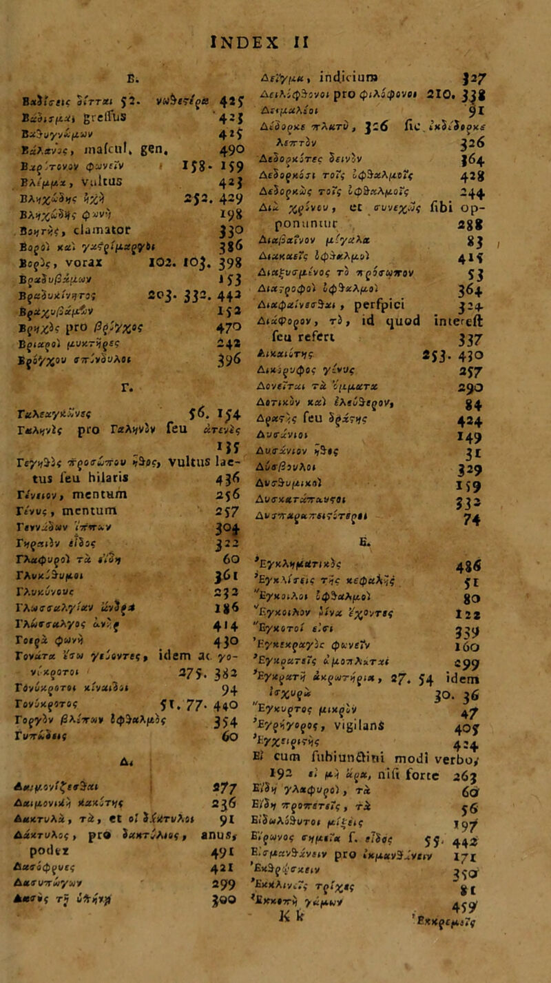 B. B x%t{ ZuhspUi greilUS Kx?.xvjc, rnafcul, gen. Bx^Tcyay tpuivitv }’A' U-i/.x , vulcUS Bviyji Q»v't clamator Bojoi *«1 yxffifixgybi Bcfif, vorax 102, B jaSu/Saftwy BfaSuxiVijraj 203' Bqzyyjfiuixhv VfVZlf pro Pli>/XOi B(Jixqot (ZUK-ijgSS tq6f/%ov virvV^yAot 42J 4*5 4*5 490 159 4*1 429 198 33° 386 103. 398 133 IJ8 2$2 332 442 isa 470 242 396 r. TitXtxytiZvts 5«. 154 r«Aijyif pro r*A>/v2v leu »35 Tcyijiit xpoeuxov ir^oc, VultllS lae- tus feu hilaris 436 IVv(i0v> mentum 256 rtw«, mentum 25 7 r«yyi3uy Vxxay 304 rxf-xiiv iiSs? 33- TAaifiyjo) ts «Vuj» rAvx^iyftsi 60 36» r/yxuyouc 0^2 Yf>uetu?.y:xv uv$(* 18« rAwiiaAyoc iy'j 4«4 Toiqi Quiit 430 Vovutx isoi yijtVTis, idem ac, yo- Vl'xj0TOl 275. 383 Viiu-xgoTot xiv»»3i« 94 rovix^s-roc 5». 77- 440 TooyJy /3a5Vm* l<p$xA./iof 3C4 EuxiOSiK 60 Ai 2/7 Axiixcvuij ittexZt>/c 236 A«jcri/Ai , T& » Ct 0? J.^tvAs* 91 Ai/rt/As^ > pr® , anus» podex 49» 421 AfltirwT^ywy 299 A*v*$ rj JOO Ar;V/a«, indicium J27 Aet?.Z(p$ovot pro (piAsfovet 210* An fiahfot 91 Atdo^ic* , 3:6 fic. txS/JooK** Af7rr^v 326 AeSojxarfc Scivsv 364 AeSofxaj-i to~{ hp$x*ixt?{ 428 AcSojKiic ro?{ \/u.Oii 244 Ari ZpZvcv, et cruvcxijf fibi Op- ponunuir 288 /uzjiaivov fxr.yx\ct 83 AiaKafic lip.rr.Xfx^t 4*4 Arati/vfttvoc to n^oxuirov $3 Ai«rpocpoi 5<J)Js£A/xo) 364 Aitapzivea-Uxi , perfpici 324 Aiaipoj0» > t3, id quod intereft fcu referi 337 AikxUti«. 253. 4JO AiX}^y(pOi y(*Vf 257 Aovtirai tu 'iitfxarx 29O AflTUviv *«) iAsi/Segoy, g4 Aj«r<f feu S^arifc 424 Auiriviai 14^ Au.irxvioy i,J«c 3t AuaTSsi/Aoi 329 Ay^u/aixo) A U5-x«raxayf0» 333 Acr-Tj<^a,T4ir:rf j»i 74 48« 5i 80 12* 339 160 C99 B. ^yxAifUJefTixi? 'EyxA/Vtic T-ic xe0aS~:i 'UyK3ifu>i ltp$aAfxe) V.yxtlAay jSiyat ^oyr>c Eyxyroi t.V» 'Eyxrxfaysr Quvetv ’Eyxjxrsi? d/coxfixrxi 'Ey-xquT* «xgwrxfi*, 27. 54 idem ‘‘r;£uf‘‘ JO. 36 EyxufToc fxmqlv ^7 ’Ey^'yefof, vigilanS 40^ 'Ey^fifici)? 4:4 Ei cum Aibiun&ini modi verbo,- 192 nili forte 263 EiSij yA*<}K/f 0), r« Ei'5>j xj 0ttstiTi; , ri EiSuASSuroi fxittif Eifwyoc <nf/xt?x f. 53 E,V(aav9-ivs,y pro UniivSdvtiv ’Ex3f dcxnv 'ExttAiviTf Tpi%t( ’£KKtTrl) ydfxnt K k 6(2 56 19/ 442 171 350 81 459' ExKfCfxiTg