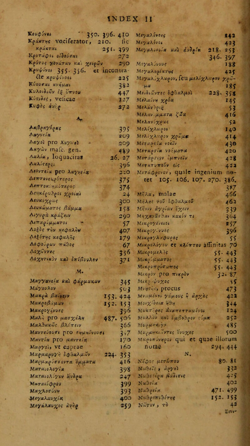 Ktutpivti  550. V)6. 410 MiyjtkSvoef «43 Kfzxriff vociferator, 2 IO. lic Mtyxkrxu 433 KquXTXl 251. 399 Mfy«AiV6.'a xxl i-j)q!x 218- 2»'? KqorxQm olieuTxi 2/2 346- 397 'I K(7$T0f yovuruv Kxt %eivul u 290 Miyxkjvuue 188 Kfj^ivQi 355. 356. ct mcontra MiyxkiqiXTyf 4*3 £tc X(>U\piV00l 22* MjyaAj^Aupov, leu fieA<xAw«ov K(jqvscu xvju.ca 38- fia 185 K'JAoi$t£v 1% {jttvou 447 Mfiiiavrrc liptixknti 228. 3»* Kjvhf, vellcac 1-7 MfAa/vif #ys« 145 Kutpbf xv' q 272 Mckxv'rqi% 53 A MSAav.fi/iara 4'”x 416 MnAayi%fW< 5* AxQqxy iqx( 39» MsA/^A.WgOl 140 Aayvdx S09 MfAi^AvoiV Xqxfxx 414 Anyti pro Axy.xti 209 Mtjxxi ix votiv 43° Axyhv inafc. gen. 489 Merajr/a vat/tant 420 a«A/a, loquacitas 26. 27 MtrxqTiy/ tiiirveiu 4*8 AaAiVfji;; 396 M«raTVTo5v £;C 423 Asovxtix pro Xuyyiix 2:0 Mcratfpcvsv, quale ingenium no- Aw-TMeiigirsiJOs 375 ter ioy. 106. 107. 270. 386. AeTrroic. er. 374 387 Acv.Ktquiqit %t>oiui 24 MTAa, malae 466 7 A{UK0%qUf 200 MijAx? rsi/ i<J>5«A/iSu 462 AtVKUfUlTOt fix/x/xx 158 M3vr/ xyq!xv ’t'xer> 339 Aiyuqx xqx^eiv 290 M>fX«v3j3ai naxsv rj 364 Arrrxq ZfXjxXTOt 57 MlXJO^f/<I5| *57 Ast«f Tjjy KcQxkljv 407 Mix^oy-vusc 396 Ae£lT>tf xx<fxk5( 179 Mtxqiyk/!puqo( 55 Aogojquv -xxSof 67 Mt*qo?.Zy3v et «itVrsw affinitas 70 AaxiSvTtc 5)6 MiXf 4/4£A '[£ 55- 443 A0%>i7ix}v xxl brtfioyA»v 371 M»x«'(if£ars? 55- 443 55- 443 •M. Mixojv pro mxqlv 32. 87 Mxyyxviix xxl Qxqfxxxxv 345 kuxq .yvjjoj »5 Mxyoukov 5 oj Mvi^iSc, prOCllS 473 MxxqZ Qxtyty) 153. 424 Mv.j/iivai yzfxoiif i tiflvi. 422 Mxxqu/iifxnv IJ2. »53 M5i%‘'o£i« i(9if 344 ikuxqoytvvif 396 MuitT~j£f avair£rraf£c'v3» 12+ M«A4 pro ixuirx**1 •4^ 00 ~N| 504 MuAAov za> '7/tjSjSpov cva* 2*2 MxkSaxu: (ikiiruv 366 . 48» MuvTtuvvrt pro siffixlvcvai 3’7 *oo M«vt/« pro (IXVTtSa 170 qui et quae illorum v.xqytit vt caprae 160 notae 294. 444 Mxqpaqyy>) 234. 353 N. Mxqixxqjraovrx 'J^ixxtx 416 Nt^or /xctHiirou 83. *t MxTUiOkoyix 398 Niif>£? » xqyo) 333 MxTctto\,ytv xviqes 247 Nxjcnqx lixiidf 4-» MxrxiZipqov 399 Nw3f-x 402 Mxx^oci/vtf 393 K.v^^£*a 471- 499 Mtyxkxuxin 400 N«Sf£3r<.9<Vi/f IS*- >53 Meyxkxv%of itvxq 2J9 N.vrov , r» 43