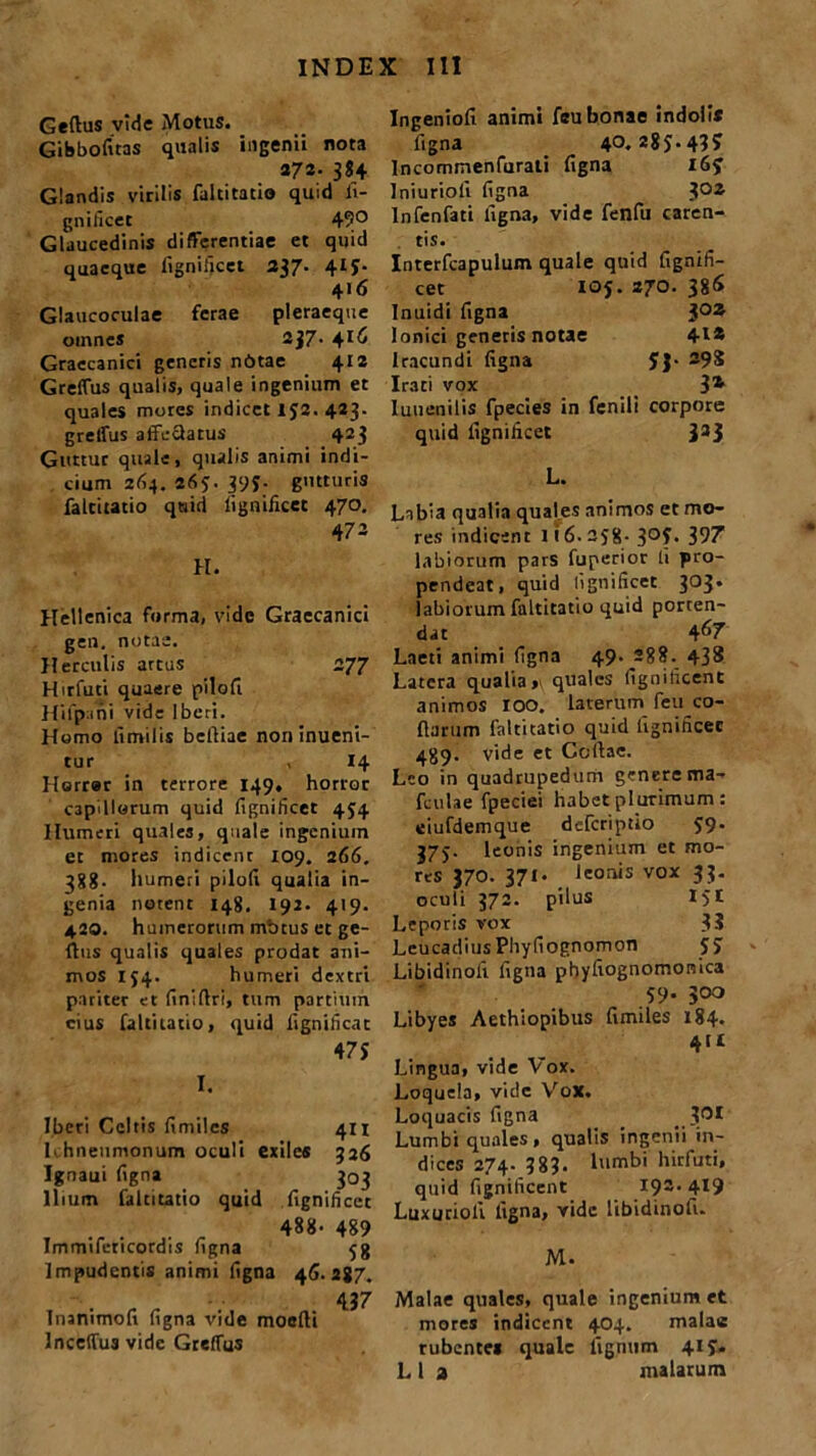 Geftus vide Motus. Gibbofitas qualis ingenii nota a72; 3*4 Glandis virilis faltitatio quid fi- gnificet 49° Glaucedinis differentiae et quid quaeque fignificet 237. 41?. 416 Glaucoculae ferae pleraeque oinnes 2J7- 4*6 Graecanici generis ni>tae 412 GrelTus qualis, quale ingenium et quales mores indicet 152. 423. greffus affcftatus 423 Guttur quale, qualis animi indi- cium 264. 265. 39J- gutturis falcitatio quid fignificet 470. 473 H. Hellenica furma, vide Graecanici gen. notae. Herculis arcus 277 Hirfuti quaere piloli Hifpani vide Iberi. Homo fimilis belliae noninueni- tur > 14 Horror in terrore 149, horror capillorum quid lignilicet 454 Humeri quales, quale ingenium et mores indicent 109. 266. 388. humeri pilofi qualia in- genia notent 148. 192. 419. 4.20. humerorum motus et ge- ffus qualis quales prodat ani- mos 154. humeri dextri pariter et linillri, tum partium cius faltitatio, quid fignificat 47J I. Iberi Celtis fimiles 411 Lhneumonum oculi exiles 326 Ignaui ligna 303 Ilium faltitatio quid fignificet 488- 489 Immifericordis ligna 58 Impudentis animi ligna 46.287. Inanimofi ligna vide moelti Incelfus vide GtelTus Ingenioli animi feu bonae indoli* figna 4°. 283.43? Incommenfurali ligna l6y Iniurioli ligna 3Oz Infenfati ligna, vide fenfu caren- tis. Interfcapulum quale quid fignlfi- cet 105.270.386 Inuidi ftgna $02 Ionici generis notae 41* Iracundi ligna JJ- 298 Irati vox 3*1 Iuuenilis fpecies in fenili corpore quid lignilicet 323 L. Labia qualia quales animos et mo- res indicent 1 i 6. 258- 3°f. 397 labiorum pars fuperior ti pro- pendeat, quid lignilicet 3°3* labiorum faltitatio quid porten- dat 467 Laeti animi figna 49- 288. 438 Latera qualia, quales fignilicent animos 100. laterum feu co- llarum faltitatio quid lignificet 489. vide et Collae. Leo in quadrupedum genere ma- fculae fpeciei habet plurimum : «iufdemque deferiptio 59. 375. leonis ingenium et mo- res 370. 371. leonis vox 33. oculi 372. pilus 151 Leporis vox 33 Leucadius Phyfiognomon 55 Libidinoli figna phyfiognomonica 59. 300 Libyes Aethiopibus fimiles 184« 4tt Lingua, vide Vox. Loquela, vide Vox. Loquacis figna 30* Lumbi quales, qualis ingenii in- dices 274. 38?. lumbi hirfuti, quid fignilicent 192.419 Luxurioli figna, vide libidinofu M. Malae quales, quale ingenium et mores indicent 404. malae rubente* quale lignum 415. L 1 2 malarum