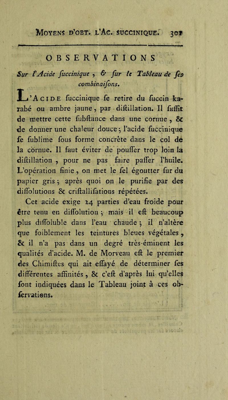 OBSERVATIONS Sur rAcide fuccinique , &amp; fur U Tableau de fis combinaifons% JLi’AciDE fuccinique fe retire du fuccin ka- rabé ou ambre jaune, par diftillation. Il faiît de mettre cette fubftance dans une cornue 5 &amp; de donner une chaleur douce ^l’acide fuccinique fe fublime fous forme concrète dans le col de la cornue. Il faut éviter de pouffer trop loin la diflillation , pour ne pas faire paffer l’huile. L’opération finie , on met le fel égoutter fur du papier gris \ après quoi on le purifie par des diffolutions &amp; criftallifations répétées. Cet acide exige 14 parties d’eau froide pour être tenu en diffolution ^ mais il efi beaucoup plus diffoiuble dans l’eau chaude ^ il n’altère que foiblement les teintures bleues végétales, &amp; il n’a pas dans un degré très-éminent les qualités d’acide. M. de Morveau eft le premier des Chimifies qui ait effayé de déterminer les différentes affinités , &amp; c’eft d’après lui qu’elles font indiquées dans le Tableau joint à ces ob« fervations.