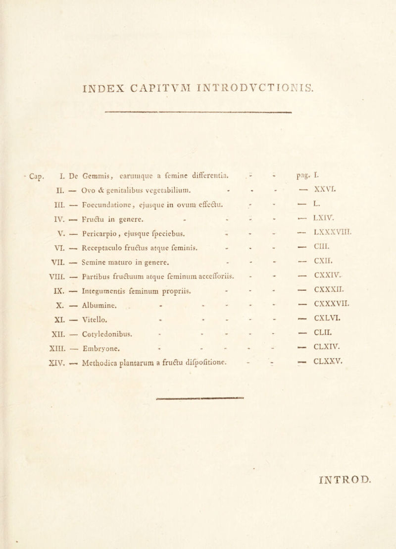 INDEX CAPITVM INTRODVCTIONIS. I. De Gemmis, eariimque a femine differentia. II. — Ovo & genitalibus vegetabilium. III. — Foecundatione, ejusque in ovum effe&u. IV. — Frudhi in genere. V. —- Pericarpio , ejusque fpeciebus. VI. —- Receptaculo fru&us atque feminis. VII. — Semine maturo in genere. VIII. — Partibus frudluum atque feminum accefforiis, IX. — Integumentis feminum propriis. X. — Albumine. - - XI. — Vitello. XII. — Cotyledonibus. XIII. — Embryone. XIV. — Methodica plantarum a friuftu difpolitione. pag, i. •— XXVI. — L. — LXIV. — LX XXVIII. — CIII. — CXII. — CXXIV. — CXXXII. — CXXXVII. — CXLVI. — CLII. — CLXIV. — CLXXV. INTRO D.