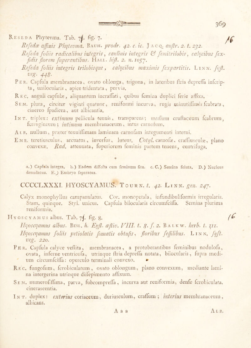 e sed a Phytevma. Tab. 7C fig. 7. Refedce affinis Phytevma. Bauh. prodr. 42. c. ic. J a c ce aujlr. 2. t. 232. Refeda foliis radica tibus integris, caulinis integris & femitrilobis, calycibus fex- fidis florem fluperantibus. Hall. Jiift. 2. n. 1057. Refeda foliis integris trilobisque , calycibus maximis fexp artitis. Linn. fyfl. veg. 448. Per. Capfula membranacea, ovato oblonga, trigona, in lateribus Uria depreffa infcrip- ta, unilocularis , apice tridentata , pervia. Rec, anguli capfulas, aliquantum incraflati, quibus femina duplici ierie affixa. Sem. plura, circiter viginti quatuor, reniformi incurva, rugis minutiffimis lcabrata, cinereo ipaclicea, aut albicantia. Int. triplex: extimum pellicula tenuis, transparens*, medium cruflaceum fcabrum, ferr ugineum ; intimum membranaceum, intus carnofum. Alb. nullum, praeter tenuiffimam laminam carnofam integumenti interni. Emb. teretiusculus, arcuatus, inverfus, luteus. Cotijl. carnofse, craffiuscube, plano convexae. Rad. attenuata, fuperiorem feminis partem tenens, centrifuga. a.) Capfula integra, b.) Eadem diffecta cum feminum fitu. c. C.) Semina foluta. D.) Nucleus denudatus. E.J Embryo feparatus. CCCCLXXXI. HYOSCYAMUS. TournY. 42. Linn. gen. 247. Calyx monophyllus campanulatus. Cor. monopetala, infundibuliformis irregularis. Stam. quinque. Styl. unicus. Caplula bilocularis circumfciffa. Semina plurima reniformia. yoscyamus albus. Tab. 7^. fig. g. Hyoscyamus albus. Besi. h. Eyft. ccfliv. VIII. t. 8- fi 2. Balkw. herb. t. 141. Hyoscyamus foliis peti olatis fumatis ob tufis, floribus fejfllibus. Linn. fyft. veg. 220. Per. Capfula calyce veflita, membranacea, a protuberantibus feminibus nodulofa, ovata, inferne ventricola, utrinque Bria depreffa notata, bilocularis, fupra medi- um circumfciffa: operculo terminali convexo. * Rec. fungofum, fcrobiculatum , ovato oblongum, plano convexum, mediante lami- na intergerina utrinque diflepimento affixum. Sem. numerofiffima, parva, fubcomprefTa, incurva aut reniformia, denfe fcrobiculata, cinerascentia. Int. duplex: exterius coriaceum, duriusculum, craffum ; interius membranaceum , albicans.