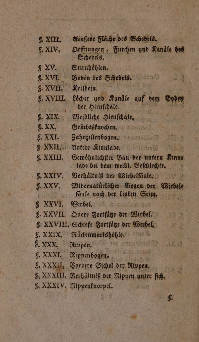 S. XIV. Pen Furchen und Kanäle des 5 chedels. XV. une. ge 8. XVI. Boden des Schedels. 1 g. XVII. Keilbein. F. XVIII. Löcher und Kanäle uf, dem Te | der Hirnſchale. 8 XIX, Y Weibliche Hirnſchale, ; = 05 g. XX. Geſichtsknochen. 5 N XXI. Zahnzellenbogen. aa TR . XXII. untere Kinulade. 2 L XXIII. Gewoͤhnlichſter Bau der untern En | lade bei dem weibl. Geſchlechte. g. XXIV. Verhaͤltniß der Wirbelſaͤule. $ XXV. Widernatuͤrlicher Bogen der Wirbel . ſaͤule nach der linken Seite u 9 XXVI. Wirbel. §. XXVII. Quere Fortſaͤtze der Wirbel u | $. XXVIII. Schiefe Fortſaͤtze der Wirbel. | g. XXIX. Röückenmarkshoͤhle. 7400 5 F, MN. Nippenn augen F. XXXI. Rippenbogen. pe 10 $ XXXII. Vordete Sichel der Rippen. 117 §. XXXIII. Verhaͤltniß der Rippen unter ſich. | . XXXIV, Nippenfnorpel, |