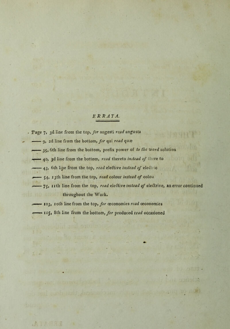 . Page 7, 3d line from the top,/or aiigusti read angusta 9, 2d line from the bottom, for qui read quae — 35, 6th line from the bottom, prefix power of to the word solution V ’ ‘ 40, 3d line from the bottom, read thereto instead of there to 43, 6th line from the top, read eleftive instead of ele£lric ji- 54, 13th line from the top, read colour instead of colou 75, nth line from the top, read instead of an error continued throughout the Work. j—^ 103, loth line from the top,/ur oeconomies read oeconomics ■*=— 115, 8th line from the bottom,/or produced lead occasioned