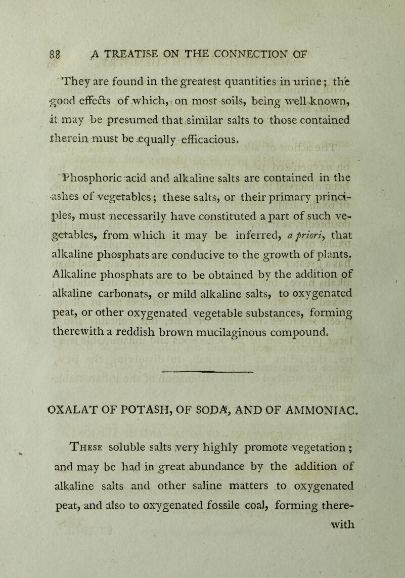 They are found in the greatest quantities in urine; the good effedls of-which, on most soils, being well-known, it may be presumed that similar salts to those contained therein must be equally efficacious. ^Thosphoric acid and alkaline salts are contained in the •ashes of vegetables; these salts, or their primary princi- ples, must necessarily have constituted a part of such ve- getables, from which it may be inferred, a priori^ that alkaline phosphatsare conducive to the growth of plants. Alkaline phosphats are to be obtained by the addition of alkaline carbonats, or mild alkaline salts, to oxygenated peat, or other oxygenated vegetable substances, forming therewith a reddish brown mucilaginous compound. OXALAT OF POTASH, OF SODA, AND OF AMMONIAC. These soluble salts very highly promote vegetation ; and may be had in great abundance by the addition of alkaline salts and other saline matters to oxygenated peat, and dlso to oxygenated fossile coal, forming there- with