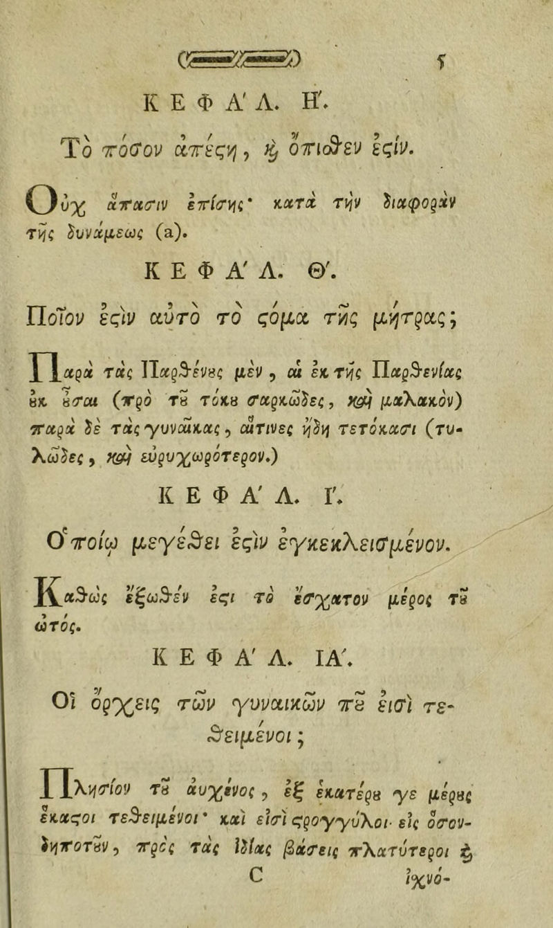 Το τόαον άτίς'/ι, oTiSsv Ιφ. Ού% urcta-iv liriaviC τψ ίιχφο§χν τίί ^νχμ,εωζ (a). Κ Ε Φ Α' Λ. Θ'. ΠοΤον ίς)ν αύτο το ςόμχ τίς μήτρας ^ Χ*Χ«ρα τας Παρ^-ευ^ς μεν ^ cu εκ τι^ζ ΙΙαρΒ-ενίας 8Λ 8ίΤαι (τξό Τ8 ΤύΚ8 Τχζκω'^εζ, hsH μ>χ\χκον) ττχ^χ ίε rxiymouKXi.) ΰατινεζ ι^'ίΐί τετόκχσΊ (ru· Χω^ες , εύξυχωξότεζον») Κ Ε Φ Α' Α. Γ. ο'ττοίω μεγέ^ει ες)ν εγκεχλεισμενον. Χ^α3·ίθ{ εξω3·ε'ν εςι το βο'χχτον μεροζ τ» ωτόζ Κ Ε Φ Α Α. ΙΑ. Οι ορ%εις των γυναικών τε ειΤι τε- Κείμενοι; YJXijTiou Τ8 χυχίνος, εξ kxrsgs ys μερ8{ hxc;oi τεθειμένοι* κχ) ειτί ^goyytiXoi· εΐ( οτον- iviTOTyV y 'Τί'ζος τχζ Ιίίχς βχτείς τΧχτύτεξοί C ί%νο-