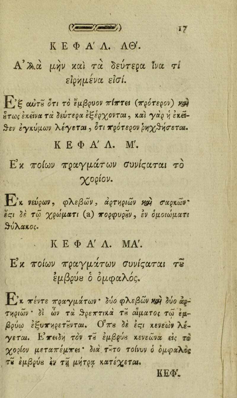 Α’Αα μ'^ν κοίΐ τα δεύτερα ivoc τι ε/ρν;μενα ε/’σ/. Ε,’ξ οουτ8 ΟΤΙ το εμβςυον ττίτττα (ττξότερον) yj^ 8τωί εκείνα τα ^εύτεξα εξε^'χ^οντεα, κα) yaq ν\ εκα- 3-εν εγκΰμων XiysTot, οτι τ^ότεξον pt^x^-ijcrsTm, Κ Ε Φ Α' Λ. Μ'. Ε’κ Toiwy ττραγμάτων (Τυρίςαται το χοξίον, E’>fc νεύρων, φΧεβων, αρτηριών XsHj Ταρκων' εςι ίε τω %ρωματι (a) τορφυρπν, Ιν όμοιωμαη ^ύΧακοζ. ' . Κ Ε Φ Α Λ. ΜΑ. ' Ε’ζ τοίων ττ^ΰί'γμίτων (Τυνίςατχι τ® εμβρόΰ 6 ομφαλος. Ε,’κ. τεντε 7rpayμάτωv ‘ ^υο φΧεβων Ηΰ^ ^υο α^ τι^ριων · ίι ων τα ^ρεττικα τ« οαματοζ τω εμ~ βρύω εξυτι^ρετ^νται. OVa ίε ες·/ κει/εωί> λε- yετcu* EVe^vj tcv t? εμβρύβ χ,ενεωνχ άζ τφ χορίον μετατεμτΒί * ^ια. τ^το ό ομφχΧος τϊ εμβρύβ Itf τ^ μ>^ίτρχ κχτεχετΜ, ΚΕΦ^