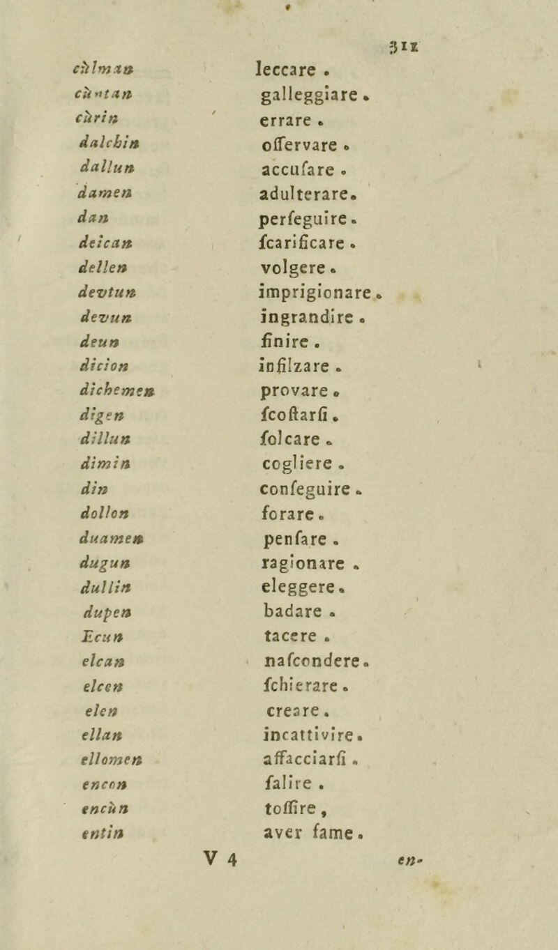 chlmua càntari chriti dalchin d alluri dumeti dati deìcatt dellen devtutt devun deuti di doti dicheme» digerì d: liuti dimin din dolion duamet» duguti dulliti dumeti Ecun eleati eleen elea ellatt ellomett encon encuti enfiti 0 ;iU leccare . galleggiare. errare . oflervare . accufare . adulterare, perfeguire. fcarificare . volgere. imprigionare. ingrandire . finire . infilzare . provare « feoftarfi. folcare . cogliere . confeguire. forare. penfare . ragionare . eleggere, badare . tacere . nafeondere. fcliierare. creare. incattivire. affacciarli. falire . toflìre, aver fame. etl-
