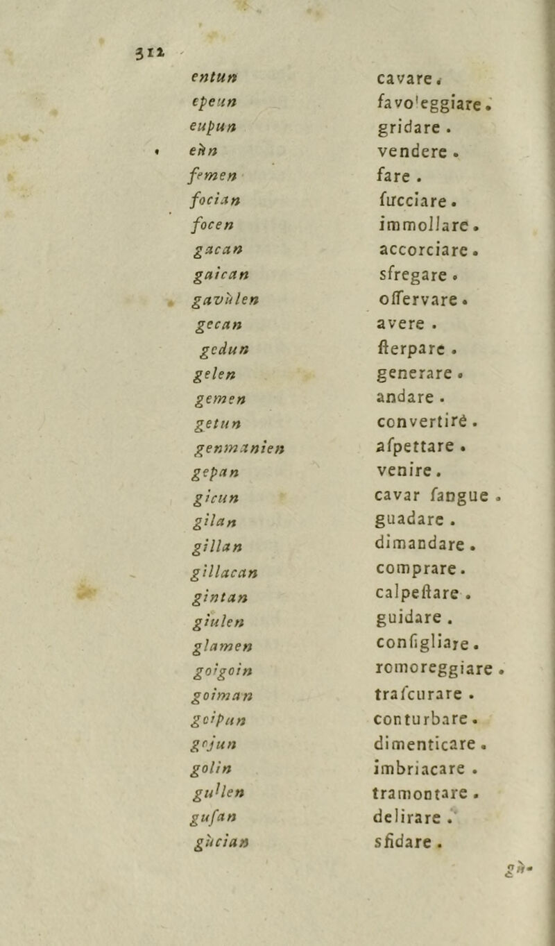 epeun favo'eggiare. eupun gridare . ehn vendere . femen fare . foci an fircciare. focen immollare. g acati accorciare. gaican sfregare . gavùlen olfervare. gccnn avere . gedun fterpare . gelen generare . gemen andare • getun convertirò. genmanìen afpettare . gepan venire. gì cun cavar fangue gii ctn guadare . gillan dimandare . gìllaccin comprare. gintan calpeftare . giuleti guidare . glamen configliare. goigoìn romoreggiare goìman tralcurare . gei p un conturbare. grjun dimenticare. golìn imbracare . guUen tramontare . gufan delirare . gu ci un sfidare .