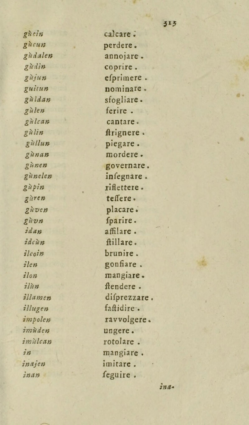 giicutt perdere. ghdalen annoiare. gioii ti coprire . giijutt efprimere . guìtun nominare . giildan sfogliare. gàie» ferire . gùlcan cantare. gtilin ftrignere . gitllun piegare . gìwctn mordere . gùnen governare. gunelen infegnare . gùpin riflettere » gìtren teffere. guven placare. gù v rt fparire. ìdun affilare . ideiin ftillare. ìleoin brunire . ìlen gonfiare . iloti mangiare. illiti fendere . ìllamen deprezzare illugen faftidire . impolen ravvolgere. imi/dett ungere. imhlcctn rotolare . in mangiare . in et jen imitare . inetn feguire .