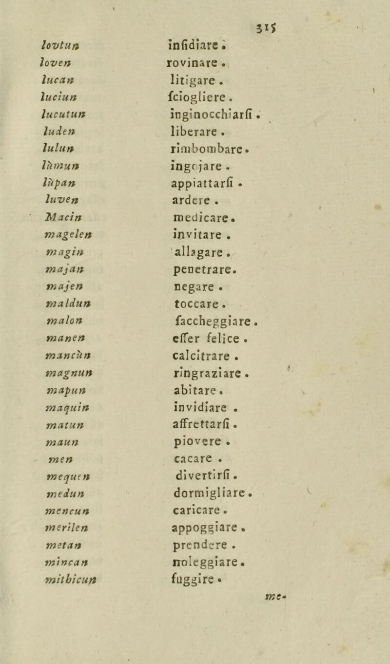 loven rovinare. lucan litigare . lucìun fciogliere. lucutun inginocchiarli Inde» liberare . lui un rimbombare • lìimun ìngc jare . lìipan appiattarli ♦ lu zi e» ardere . Ma cin medicare • magelen invitare . m a giu allagare . majatt penetrare. majen negare . malduti toccare. malon Taccheggiare mane» effer felice . manditi calcitrare . magnun ringraziare. mapun abitare • maquin invidiare . maturi affrettarli. manti piovere . me» cacare . mequett divertirli. medun dormigliare. mencuti caricare. m orile n appoggiare. metan prendere . mitica u noleggiare.