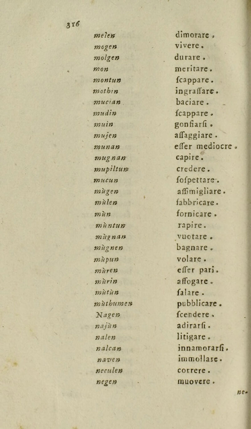 mogen vivere. moìgen durare . moti morituri mothin mucìan muditi muìn mujen munan meritare. frappare. ingranare, baciare . frappare . gonfiarli . affaggiare . effer mediocre mugnan rnupìltutp mucun mùgen » mùlen mìni capire. credere. fofpettare. affimigliare. fabbricare. fornicare . mùntati mùgnan mùgnen mùpun mùreti mùrin mùtùn mùthume» yiageti tiajùn nctlen ilaicati nave» rapire. vuotare . bagnare » volare . effer pari, affogare . falare . pubblicare. frendere * adirarli. litigare . innamorarli. immollare. neculen correre . negen muovere.