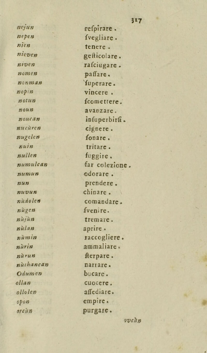 3l7 npjun refpirare . nepea (Vegliare . nien tenere . nìeven gefticolare. ntven rafeiugare . nome» pattare. nonmun Superare. nopin vincere . notti» feomettere. noun avanzare. nouccin infu per birfi. nucùrcn cignere . nugole» fonare . nuin tritare . nullen fuggire . numulcun far colezione numun odorare . nun prendere . nuvun chinare. nìidolen comandare « nugcn fvenire. nìtjhn tremare. nula» aprire . numi» raccogliere. nitri» ammaliare - nà yu» fterpare . nùihancan narrare. Odumen bucare. olla» cuocere. ollolen attediare. open empire. orcìm purgare. •ìycìt»