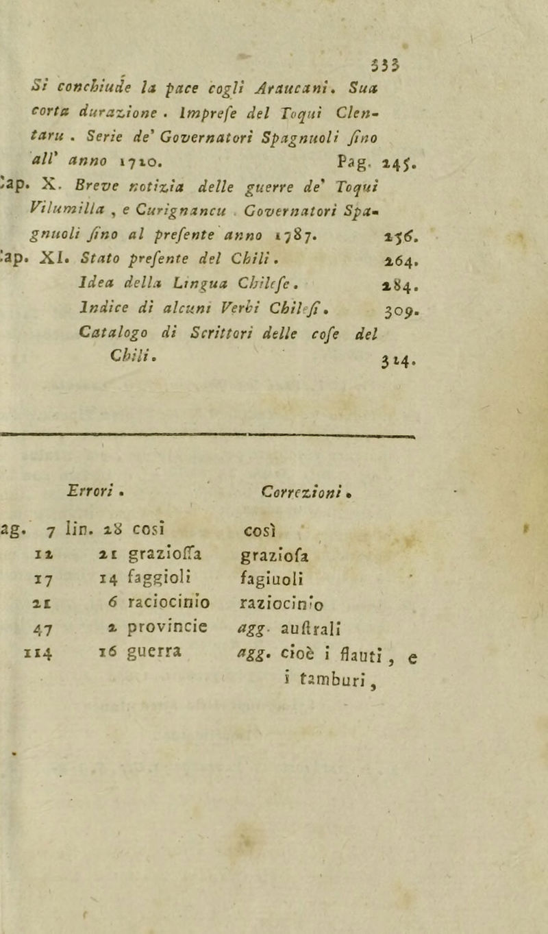 333 Sì conchiude li pace cogli Araucani. Sun corta durazìone . Imprefe del Toquì Clen- taru . Serie de' Governatori Spagnrtoli fino all' anno 1710. Pag. 14J. >ap. X. Breve notizia delle guerre de' Toquì Vilumilla , e Curignancu Governatori Spi- g mio li fino al preferite anno *787. 15 6. ’ap. XL Stato prefente del Chili. 164. Idea della Lingua Chilcfc. 184. Indice di alcuni Verbi Chilefi. 309. Catalogo di Scrittori delle cofe del Chili. 314. Errori . Correzioni » . 7 Iin. 18 cosi così ii zi graziolTa graziofa 17 14 faggioli fagiuoli zi 6 raciocinìo raziocinio 47 z provincic agg- auftrali i tamburi, e