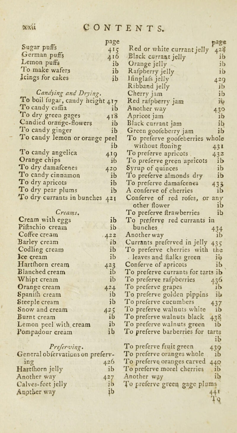 page Sugar puffs German puffs Lemon puffs ib To make wafers ib icings for cakes ib Candying and Drying, To boil fugar, candy height 417 To candy caffia ib To dry green gages 418 Candied orange-flowers ib To candy ginger ib To candy lemon or orange peel ib To candy angelica 419 Orange chips ib To dry damafcenes 420 To candy cinnamon ib To dry apricots ib To dry pear plums ib To dry currants in bunches ^zi Creams, Cream with eggs ib Piftachio cream ib Coffee cream ,422 Barley cream ib Codling cream ib Jce cream ib Hartfhorn cream 423 Blanched cream ib Whipt cream ib Orange cream 424 Spanilh cream ib Steeple cream ib Snow and cream 423 Burnt cream ib Lemon peel with.cream ib pompadour cream ib Pre/er^ving, General obfervatigns on preferv- ing 426 Hartfhorn jelly ib Another way 427 Calves-feet jelly jb Anptber way jb Red or white currant jelly 42^ Black currant jelly ib Orange jelly ib Rafpberry jelly ib Ifinglafs jelly 429 Ribband jelly ib Cherry jam ib Red rafpberry jam iv Another way 430 Apricot jam ib Black currant jam ib Green goofeberry jam ib To preferve goofeberries whole without ftoniYig 431 To preferve apricots . 432 To preferve green apricots ib Syrup of quinces ib To preferve almonds dry ib To preferve damafcenes 433 A conferve of cherries ib Conferve of red rofes, or any other flower ib To preferve ftrawberries ib To preferve red currants in bunches 434 Another way ib Currants preferved in jelly 435 To preferve cherries with the . leaves and flalks green ib Conferve of apricots ib ^ To preferve currants for tarts ib To preferve rafpberries 436 To preferve grapes ib To preferve golden pippins ib To preferve cucumbers 437 To preferve walnuts white ib To preferve walnuts black 438 To preferve walnuts green ib To preferve barberries for tarts ib To preferve fruit green 439 To preferve oranges whole ib To preferve oranges carved 44Q To preferve morel cherries ib Another w^y ib preferve green gage plums