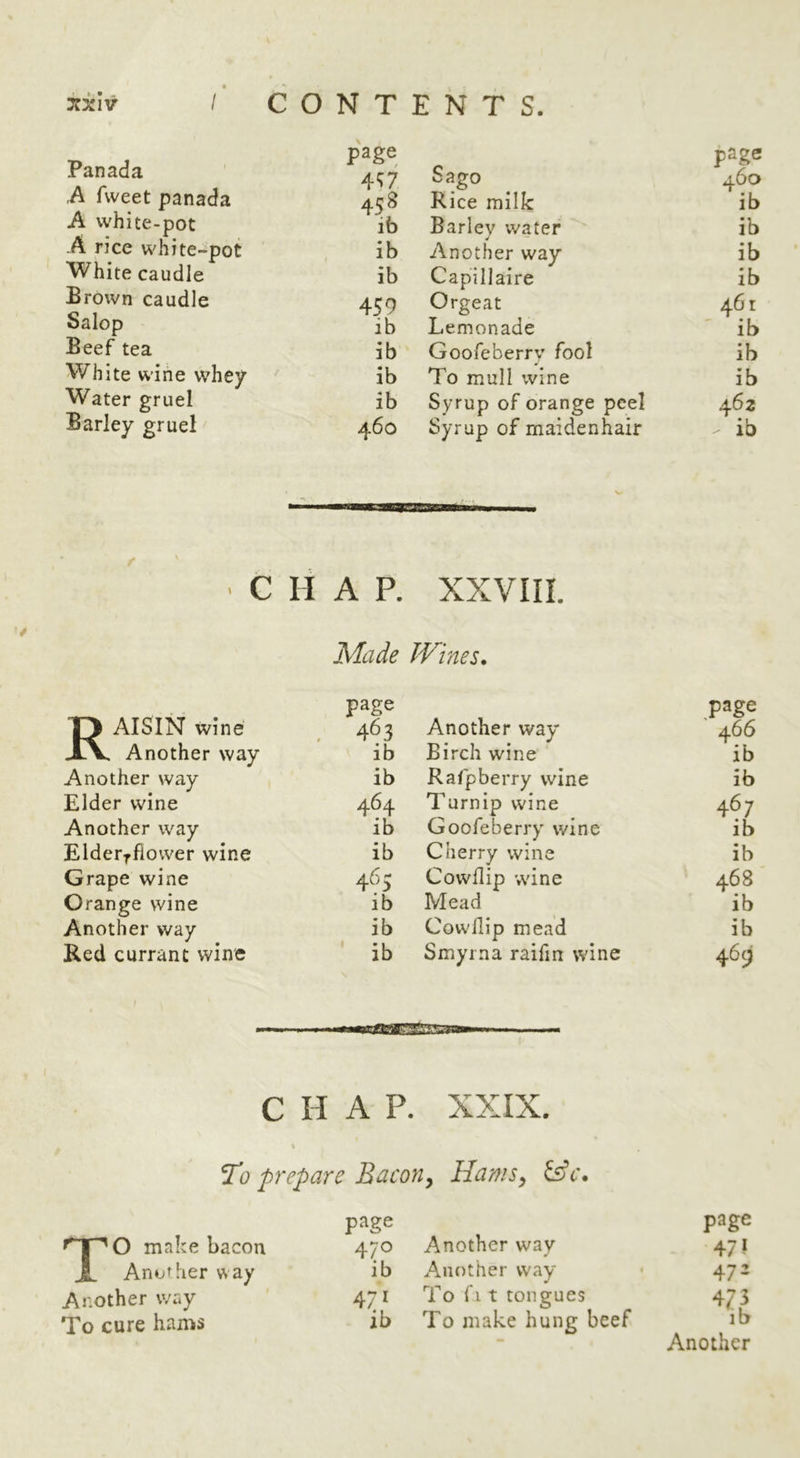 Panada ,A fweet panada A white-pot A rice white-pot White caudle Brown caudle Salop Beef tea White wine whey Water gruel Barley gruel page 4W Sago 458 Rice milk lb Barley water ib Another way ib Capillaire 459 Orgeat ib Lemonade ib Goofeberrv fool ib To mull wine ib Syrup of orange peel 460 Syrup of maidenhair page 460 ib ib ib ib 461 ■ ib ib ib 462 ib ■CHAR XXVIII. Made Wines. AISIN wine XV Another way page , 463 Another way page 466 ib Birch wine ib Another way ib Rafpberry wine ib Elder wine 464 Turnip wine 467 ib Another way ib Goofeberry wine Elderrflower wine ib Cherry wine ib Grape wine 465 Co whip wine 468 Orange wine ib Mead ib Another way ib CowHip mead ib Red currant wine ib Smyrna raifin wine 469 C H A P. XXIX. prepare Bacon^ HamSy TO make bacon Another way Another way To cure hams page 470 ib 471 ib Another way Another way To fi t tongues To make hung beef page 47* 47- lb