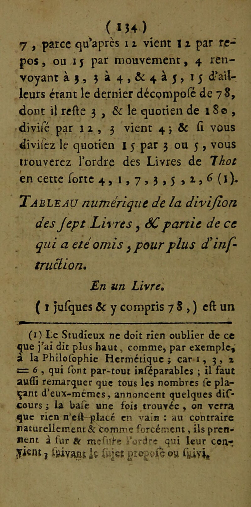 (134) 7 , parce qu’aprcs 11 vient 11 par re- pos , ou IJ par mouvement, 4 ren- voyant àj, 3à4,&4à5,i5 dViî- Icurs étant le dernier décompofé de 78, dont il rcfte 3 , & le cjuotien de 180, diyilé par iz , 3 vient 4} & fii vous divifcz le quotien 15 par 3 ou 5 , vous trouverez Tordre des Livres de Ihot en cette forte 4, 1,7,3,5 Tableau numérique de la divijlon des Jept Livres, SC partie de ce qui a été omis ^ pour plus déinf~ truclion. En un Livre, ( I julques & y compris 78,) cft un (i) Le Studieux ne doit rien oublier de ce que j’ai dit plus haut, comme, par exemple, à la Philofophie Hermétique j cari, 3, x c= 6 , qui font par-tout inféparables ; il faut auili remarquer que tous les nombres fc pla- çant d’eux-mémes, annoncent quelques dif- cours i la bafe «ne fois trouTce, on verra que rien n’eft plate en vain : au contraire raturellement& cofnme forcément, ils pren- nent à fur 8c mefi’>e Tordre qui leur cout yient, iwvant is (u’et préavis ou Ijdvi,