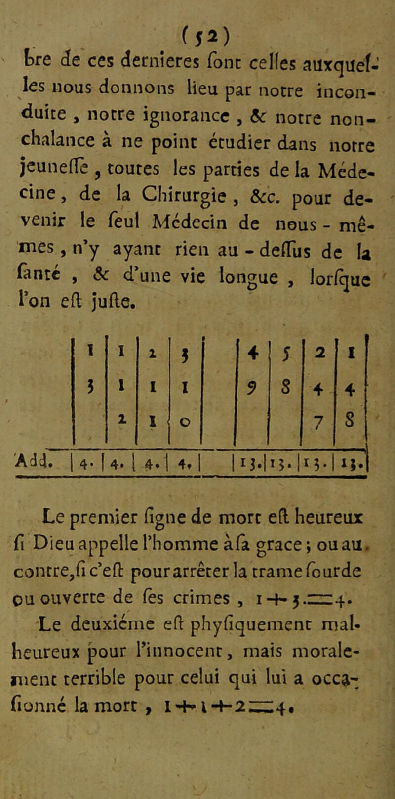 ( 5^) tre de ces dernieres font celles auxquel- les nous donnons lieu par notre incon- duite , notre ignorance , & notre non- chalance à ne point étudier dans notre jcunede , toutes les parties de la Méde- cine , de la Chirurgie , &c. pour de- venir le feul Médecin de nous - mê- mes , n’y ayant rien au - deflus de la fantc , & d’une vie longue , lor/que l’on eft Jufl.e, 1 1 1 5 4 5 2 1 î 1 1 I 9 S 4 4 1 I O 7 S Ad4. 4-1 4. 1 4* 1 4.1 1 U.l IJ-hî-l Le premier figue de mort efi heureux fi Dieu appelle l’homme àla grâce; ouau. contre,fic’efl: pour arrêter la trame fourde ou ouverte de lès crimes , n-3.~4. Le deuxième efi phyfiquement mal- heureux pour l’innocent, mais morale- ment terrible pour celui qui lui a occa- fionné la mort , i-f-i-h-2:^4.