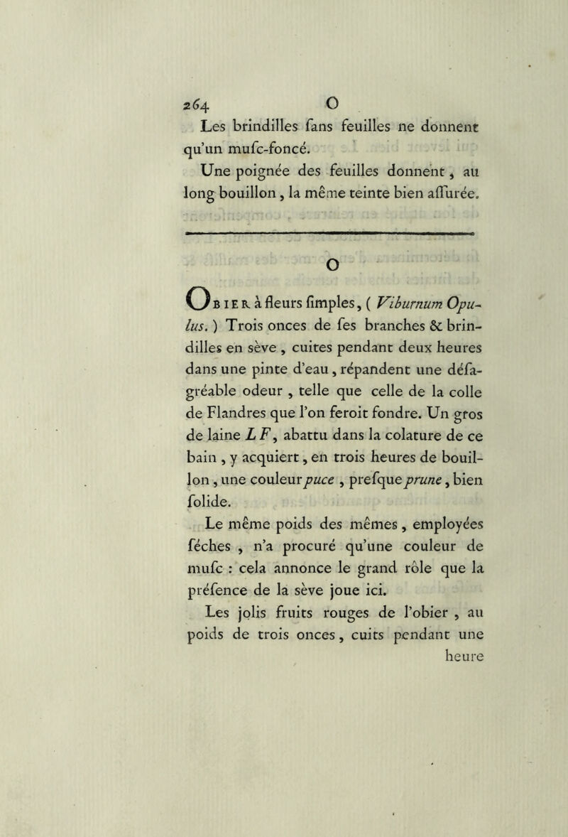 2^4 ^ Les brindilles fans feuilles ne donnent qu’un mufc-foncé. Une poignée des feuilles donnent, au long bouillon, la même teinte bien allurée. O Ob:e R. à fleurs Amples, ( Vibumum Opu-^ lus. ) Trois onces de fes branches & brin- dilles en sève , cuites pendant deux heures dans une pinte d’eau, répandent une défa- gréable odeur , telle que celle de la colle de Flandres que l’on feroit fondre. Un gros de laine XF, abattu dans la colature de ce bain , y acquiert, en trois heures de bouil- lon , une couleur puce , prefque prune, bien folide. Le même poids des mêmes, employées féches , n’a procuré qu’une couleur de mufc : cela annonce le grand rôle que la préfence de la sève joue ici. Les jolis fruits rouges de l’obier , au poids de trois onces, cuits pendant une heure