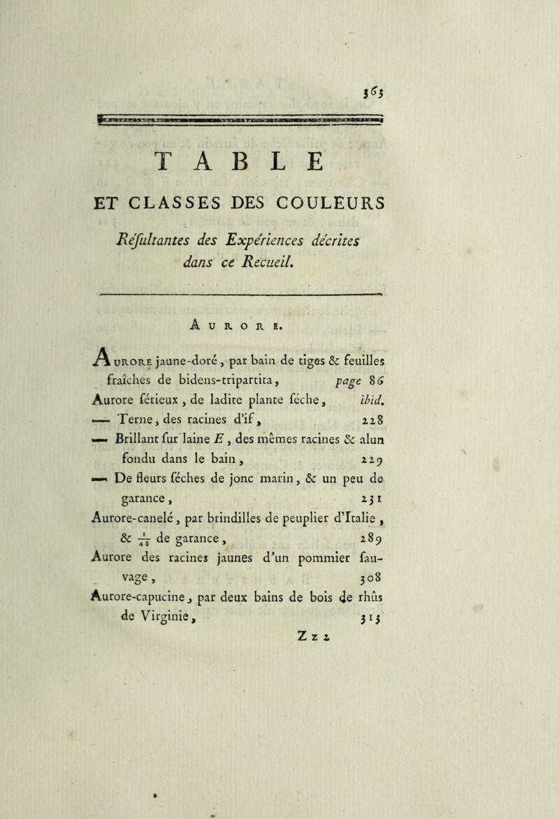 3^3 TABLE ET CLASSES DES COULEURS Réfultantes des Expériences décrites dans ce Recueil, Aurore. A uRORE jaune-doré, pat bain de tiges & feuilles fraîches de bidens-tripartita, page Aurore férieux , de ladite plante féche, ibïd. —- Terne, des racines d’if, 228 . Brillant fur laine E , des mêmes racines & alun fondu dans le bain , 229 —» De fleurs fcches de jonc marin, & un peu de garance, 231 Aurore-canelé, par brindilles de peuplier dTtalie , & de garance, 289 Aurore des racines jaunes d’un pommier fau- vage, 308 Aurore-capucine, par deux bains de bois de rhûs de Virginie, 313