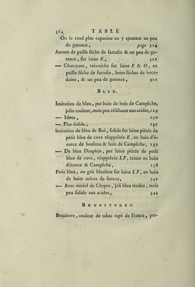 3^4 TABLE On le rend plus capucine en y ajoutant un peu de garance , page 314 Aurore de paille féche de farrafîn & un peu de ga- rance , fur laine 3ai r— Chatoyant, très-riche fur laine £ & O , en paille féche de farrafin, baies féches de bour- daine , & un peu de garance , 311. Bleu, Imitation de bleu î par bain de bois de Campêche; jolie couleur, mais peu rélîftante aux acides, 129 —— Idem , 130 —- Plus folide S 13 I Imitation de bleu de Roi j folide fur laine piétée de petit bleu de cuve réapprètée E, en bain d’é- corce de bouleau & bois de Campêche, 137 ►—* De bleu Dauphin, par laine piétée de petit bleu de cuve , réapprêtée LF^ teinte en bain d’écorce & Campêche , 158 Petit bleu , ou gris bleuâtre fur laine i E, en bain de baies mûres de fureau, 341 ïr— Avec vitriol de Chyprejoli bleu tendre, mais peu folide aux acides, 3 42 Brunitures: Bruniture, couleur de tabac râpé de France, pre-