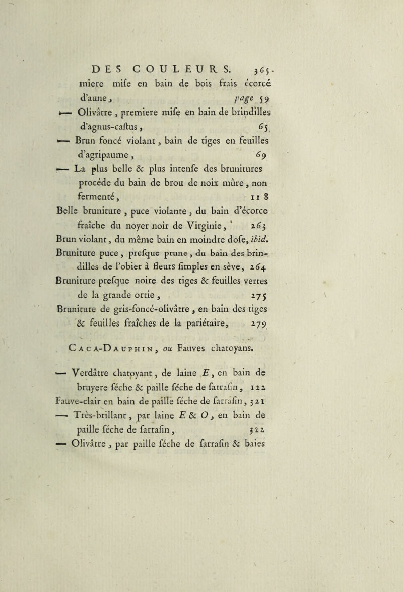 iniere mife en bain de bois frais écorce d’aune J page 59 Olivâtre , première mife en bain de brindilles d’agnus-caftus, <>5 Brun foncé violant, bain de tiges en feuilles d’agripaume, <^9 — La plus belle & plus intenfe des brunitures procède du bain de brou de noix mûre, non fermenté, 11 8 Belle bruniture , puce violante , du bain d’écorce fraîche du noyer noir de Virginie, * Brun violant, du même bain en moindre dofe, ibid, Bruniture puce , prefque prune , du bain des brin- dilles de l’obier à fleurs Amples en sève, 2^4 Bruniture prefque noire des tiges & feuilles verres de la grande ortie, 275 Bruniture de gris-foncé-olivâtre , en bain des tiges 6c feuilles fraîches de la pariétaire, 279 Caca-Dauph IN , ou Fauves chatoyans. Verdâtre chatoyant, de laine E, en bain de bruyere féche & paille féche de farrafn , 122 Fauve-clair en bain de paillé féche de farrafin, 321 — Très-brillant, par laine £& O, en bain de paille féche de farrafin , 322 — Olivâtre j par paille féche de farrafin 6c baies