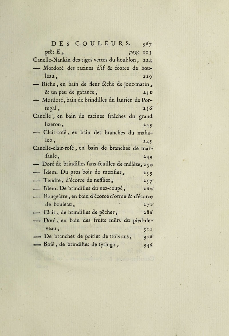 prêt E J page il 5 Canelle-Nankin des tiges vertes du houblon, 214 Mordoré des racines d’if & écorce de bou- leau, 129 •— Riche, en bain de fleur féche de jonc-marin 3 Sr un peu de garance, 251'' — Mordoré, bain de brindilles du laurier de Por- tugal, Z ^6 Canelle, en bain de racines fraîches du grand llzeron, 243 —— Clair-rofé, en bain des branches du maha- leb, Canelle-clair-rofé, en bain de branches de mar- faule, 249 — Doré de brindilles fans feuilles de mélèze, 250 — Idem. Du gros bois de merifier, 255 — Tendre, d’écorce de neffller, 257' — Idem. De brindilles du nez-coupé, x6o — Rougeâtre, en bain d’écorce d’orme & d’écorce de bouleau, 270 •— Clair, de brindilles de pêcher, 28^ — Doré, en bain des fruits mûrs du pied-de- veau, 301 —— De branches de poirier de trois ans, ^06 —— Rofé, de brindilles de fyringa, 34<»