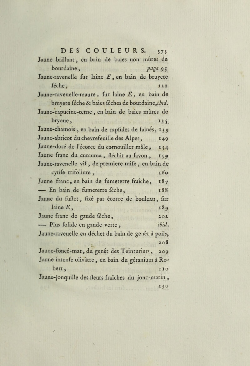 Jaune brillant, en bain de baies non mûres de bourdaine , page 9 5 Jaune-ravenelle fur laine , en bain de bruyere féche, I a I Jaune-ravenelle-maure , fur laine E, en bain de bruyere féche & baies féches de bourdaine,ii>i</. Jaune-capucine-terne , en bain de baies mûres de bryone, IZ5 Jaune-chamois , en bain de capfules de faines, 139 Jaune-abricot du chèvrefeuille des Alpes, 149 Jaune-doré de l’écorce du cornouiller mâle, 154 Jaune franc du curcuma , fléchit au favon , 159 Jaune-ravenelle vif, de première mife , en bain de cytife trifolium, i<jo Jaune franc, en bain de fumeterre fraîche, 187 — En bain de fumeterre féche, 188 Jaune du fuftet, fixé par écorce de bouleau, fur laine E, 189 Jaune franc de gaude féche; zoz — Plus folide en gaude verte , Jaune-ravenelle en déchet du bain de genêt à poils, , 208 Jaune-foncé-mat, du genêt des Teinturiers, 209 Jaune intenfe olivâtre, en bain du géranium à Ro- bert, 210 Jaune-jonquille des fleurs fraîches du jonc-marin , 230
