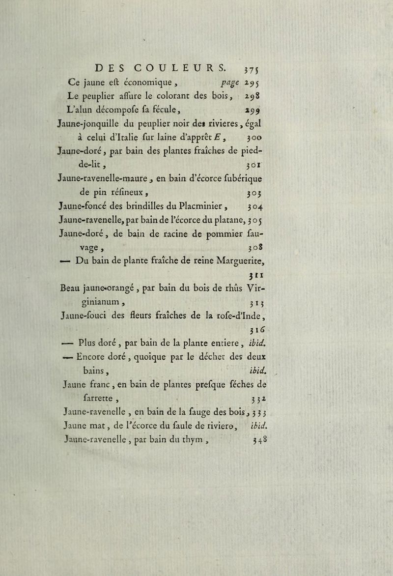 Ce jaune eft économique, page 195 Le peuplier aflure le colorant des bois, 298 L’alun décompofe fa fécule, 199 Jaune-jonquille du peuplier noir dei rivières, égal à celui d’Italie fur laine d’apprêt jE, 300 Jaune-doré, par bain des plantes fraîches de pied- de-lit, 301 Jaune-ravenelle-maure y en bain d’écorce fubérique de pin réfineux , 305 Jaune-foncé des brindilles du Placminier, 304 Jaune-ravenelle, par bain de l’écorce du platane, 305 Jaune-doré, de bain de racine de pommier fau- vage, 308 — Du bain de plante fraîche de reine Marguerite, Beau jaune-orangé , par bain du bois de rhûs Vir- ginianum, 313 Jaiine-fouci des fleurs fraîches de la rofe-d’Inde, —— Plus doré , par bain de la plante entière, ibid. —- Encore doré, quoique par le déchet des deux bains, ibid. Jaune franc , en bain de plantes prefque féches de farrette , 332 Jaune-ravenelle , en bain de la fauge des bois, 333 Jaune mat, de Pécorce du faule de riviero, ibid. Jaune-ravenelle , par bain du thym , 348