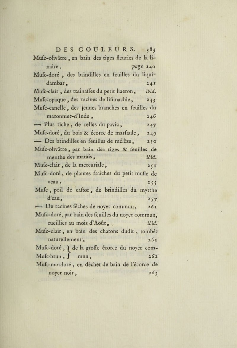 Mufc-olivâtre, en bain des tiges fleuries de la li- naire , page 240 Mufc-doré , des brindilles en feuilles du liqui- dambar, 241 Mufc-clair , des traînafles du petit lizeron, ibid, Mufc-opaque , des racines de lifimachie, 245 Mufc-canelle, des jeunes branches en feuilles du maronnier-d’lnde, Plus riche , de celles du pavia, 247 Mufc-doré, du bois & écorce de marfaule, 247 — Des brindilles en feuilles de mélèze, 250 Mufc-olivâtre , par bain des tiges & feuilles de menthe des marais , ibid. Mufc-clair , de la mercuriale, 251 Mufc-doré, de plantes fraîches du petit mufle de veau, 255 Mufc , poil de caftor, de brindilles du myrthe d’eau, 257 De racines féches de noyer commun, i6i Mufc-doré, par bain des feuilles du noyer commun, cueillies au mois d’Août, ibid. Mufc-clair, en bain des chatons dudit, tombés naturellement J ziSz Mufc-doré, de la groffe écorce du noyer com- Mufc-brun, J mun, Mufc-mordoré, en déchet de bain de l’écorce de noyer noir,