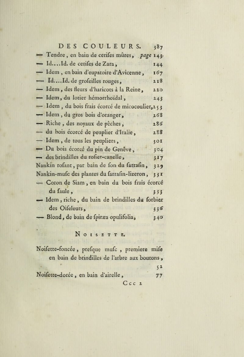 •— Tendre , en bain de cerifes mûres, 145* — Id....Id. de cerifes de Zara, 144 —- Idem , en bain d’eupatoire d’Avicenne, 16j — Id....Id. de grofeilles rouges, a 18 — Idem, des fleurs d’haricots à la Reine, iio — Idem, du lotier hémorrhoïdal, Z43 — Idem , du bois frais écorcé de micocoulier,! 5 5 — Idem , du gros bois d’oranger, z6S — Riche , des noyaux de pêches, — du bois écorcé de peuplier d’Italie, 288 — Idem , de tous les peupliers, 301 — Du bois écorcé du pin de Genève, ' 304 —' des brindilles du rofier-canelle , 317 Nankin rofant, par bain de fon du farrafin, 329 Nankin-mufc des plantes du farrafin-lizeron, 331 — Coton de Siam, en bain du bois frais écorcé J du faule, 333 — Idem, riche, du bain de brindilles du forbiex des Oifeleurs, 3 3(5’ — Blond, de bain de fpiraea opulifolia, 3 40 Noisette, Noifette-foncée, prefque mufc , première mife en bain de brindilles de l’arbre aux boutons , 5^ Noifette-dorée , en bain d’airelle , 77 C c c 2