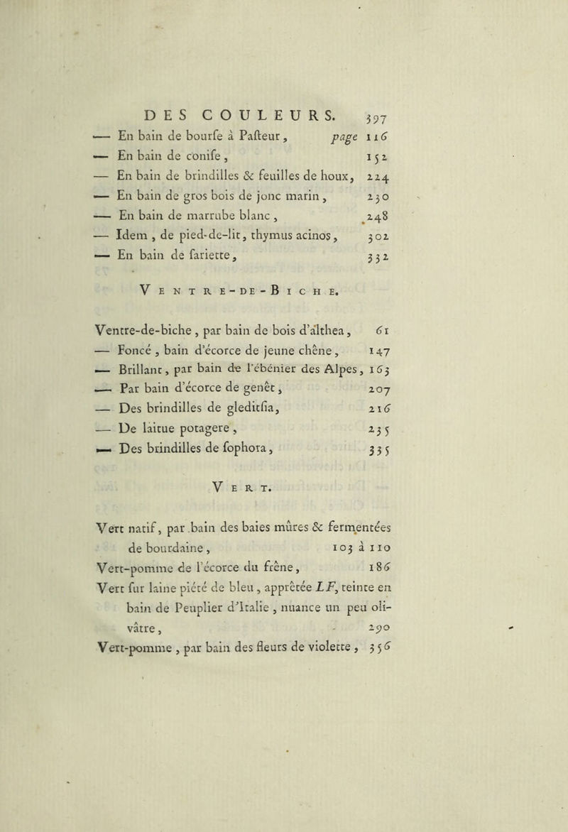 — En bain de bourfe à Pafteur, page 116 — En bain de conife , 151 — En bain de brindilles de feuilles de houx, 1Z4 — En bain de gros bois de jonc marin , 130 — En bain de marrube blanc , .2-48 — Idem , de pied-de-lit, thymus acinos, 302 — En bain de fariecte, 332 V entre-de-Biche. Ventre-de-biche , par bain de bois d’âlthea, 61 — Foncé 5 bain d’écorce de jeune chêne, 147 — Brillant, par bain d-e l’ébénier des Alpes, 163 ..— Par bain d’écorce de genêt, 207 — Des brindilles de gleditfia, 216^ — De laitue potagère, 235 « Des brindilles de fophora, 335 Vert. Vert natif, par bain des baies mûres Sc fermentées de bourdaine , 103 à iio Vert-pomme de l’écorce du frêne, i8(> Vert fur laine piété de bleu, apprêtée LF, teinte en bain de Peuplier d’italie , nuance un peu oli- vâtre, ' 2.90 Vert-pomme , par bain des fleurs de violette , 3 5 <j