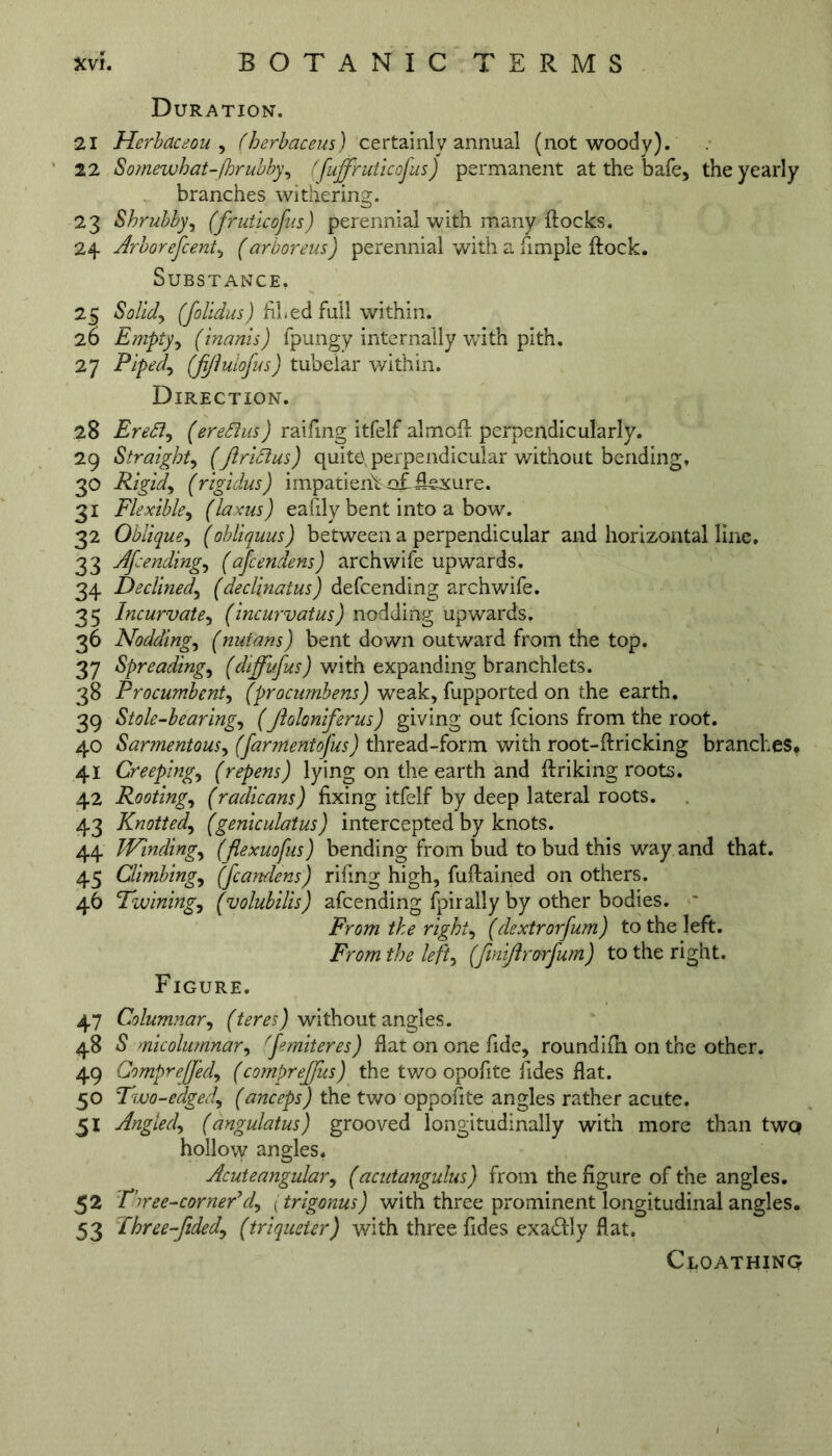 Duration. 21 Herbaceou , (herbaceus) certainly annual (not woody). 22 Somewhat-fhrubby, (fujfruticofus) permanent at the bafe, the yearly branches withering. 23 Shrubby, (fruticofus) perennial with many flocks. 24 Arborefcent, f arboreus) perennial with a Ample flock. Substance. 25 £0/«/, (folidus) Abed full within. 26 Empty, (inanis) fpungy internally with pith. 27 Piped(fijiuiofus) tubelar within. Direction. 28 Eredi) (ereSius) raiflng itfelf almofl. perpendicularly. 29 Straight, (Jlridius) quite, perpendicular without bending. 30 Rigida (rigidus) impatient o£flexure. 31 Flexible, (laxus) eafily bent into a bow. 32 Oblique, (obliquus) between a perpendicular and horizontal line. 33 Amending) (ajcendens) archwife upwards. 34 Declined,, fdeclinatus) defcending archwife. 35 Incurvate, (incurvatus) nodding upwards. 36 Nodding, fnutans) bent down outward from the top. 37 Spreading, (diffufus) with expanding branchlets. 38 Procumbent, (procumbens) weak, fupported on the earth, 39 Stole-bearing, (Jloloniferus) giving out fcions from the root. 40 Sarmentous, (farmentofus) thread-form with root-ftricking branches. 41 Creeping, (repens) lying on the earth and ftriking roots. 42 Rooting, (radicans) Axing itfelf by deep lateral roots. 43 Knotted) (geniculatus) intercepted by knots. 44 Winding) (flexuofus) bending from bud to bud this way and that. 45 Climbing) (fcandens) riAng high, fuftained on others. 46 Twining) (volubilis) afcending fpirally by other bodies. ' From the right) (dextrorfum) to the left. From the lefty (finijlrorfum) to the right. Figure. 47 Columnar) (teres) without angles. 48 5 micolumnar, (femiteres) flat on one Ade, roundifli on the other. 49 Compreffed) (comprejjits) the two opoflte Aides flat. 50 Two-edged) (anceps) the two oppoflte angles rather acute. 51 Angled) (angulatus) grooved longitudinally with more than two hollow angles, Acuteangular, (acutangulus) from the Agure of the angles. 52 three-corner'd9 (trigonus) with three prominent longitudinal angles. 53 Three-fided) (triqueter) with three Aides exadlly flat. Cloathing