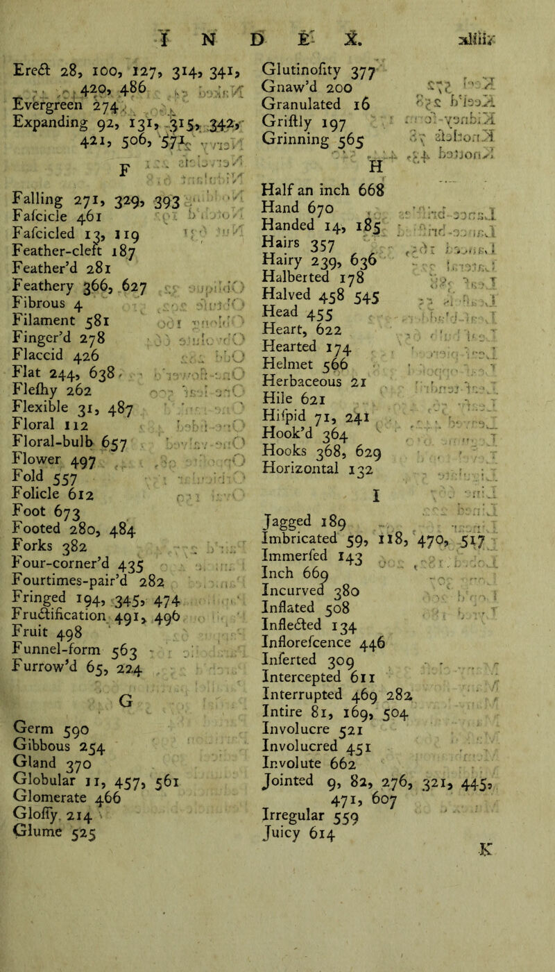 Erea 28, 100, 127, 3*4> 34J> .. 420,486 Evergreen 274. Expanding 92, i'31, 315, 342, 421, 506, '5j I,. . ,.= i : Falling 271, 329, 393 Fafcicle 461 ; b . . Fafcicled 13, 119 Feather-cleft 187 Feather’d 281 Feathery 366, 627 Fibrous 4 Filament 581 Finger’d 278 Flaccid 426 <;.■ :-r;Q Flat 244, 638 ^ Fleftiy 262 Flexible 31, 487 Floral 112 Floral-bulb 657 Flower 497 Fold 557 Folicle 612 Foot 673 Footed 280, 484 Forks 382 Four-corner’d 435 Fourtimes-pair’d 282 Fringed 194, 345, 474 Fru&ihcation 49 iy 496 Fruit 498 Funnel-form 563 Furrow’d 65, 224 Germ 590 Gibbous 254 Gland 370 Globular ji, 457, 561 Glomerate 466 Glofiy. 214 Glume 525 85 £ i.roVyonbC! 3v abbon3. boJJOfix! Glutinofity 377 Gnaw’d 200 Granulated 16 Griftly 197 Grinning 565 H Half an inch 668 Hand 670 Handed 14, 185 1,7; Hairs 357 ; . Hairy 239, 636 Halberted 178 Halved 458 545 Head 455 Heart, 622 Hearted 174 Helmet 566 Herbaceous 21 ■ > .. Hiie 621 Hifpid 71, 241 Hook’d 364 Hooks 368, 629 Horizontal 132 Jagged 189 Imbricated 59, 118, 470, Immerfed 143 Inch 669 . ’ Incurved 380 Inflated 508 Infledted 134 Inflorefcence 446 Inferted 309 Intercepted 611 Interrupted 469 282 Intire 81, 169, 504 Involucre 521 Involucred 451 Involute 662 Jointed 9, 82, 276, 321, 47 r, 607 Irregular 559 Juicy 614 oorraJ •O.y'i/Vl 3 >i!JSv l ■ >,j.) T \ -fl*nS: T 3?-t r:ej v:r.ej 5, 445 5 K