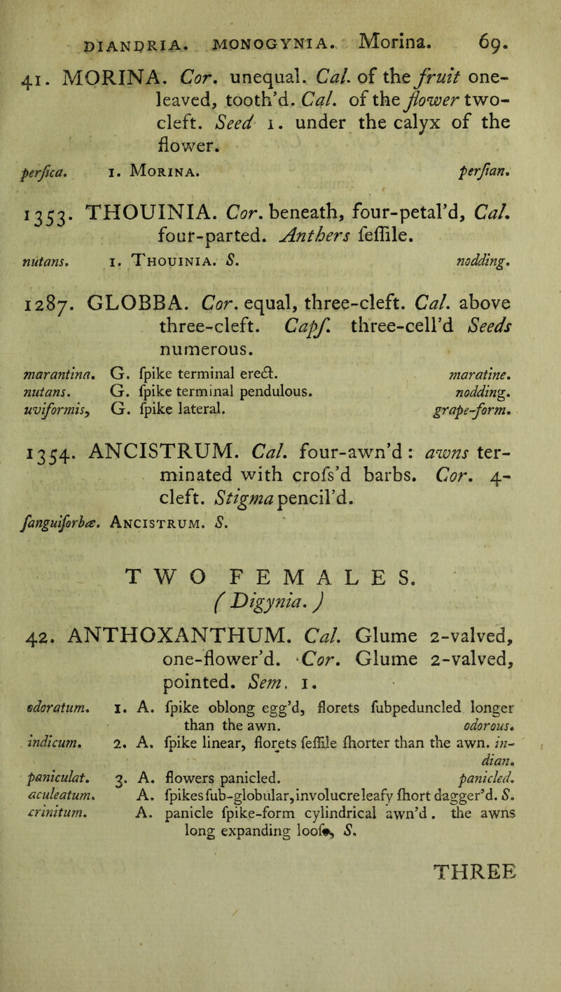 41. MORINA. Cor. unequal. Cal. of the fruit one- leaved, tooth'd. Cal. of the flower two- clcft. Seed 1. under the calyx of the flower. perfica. 1. Morina. perfian. 1353. THOUINIA. Cor. beneath, four-petal'd, CaL four-parted. Anthers feffile. nutans. 1. Thouinia. S. nodding. 1287. GLOBBA. Cor. equal, three-cleft. CaL above three-cleft. Capf three-cell’d Seeds numerous. marantina. G. fpike terminal ere£f. maratine. nutans. G. fpike terminal pendulous. nodding. uviformisy G. fpike lateral. grape-form. 1354. ANCISTRUM. C#/. four-awn’d: ^/^ter- minated with crofs’d barbs. Cor. 4- cleft. AS/Zg/^pencil’d. fanguiforbte. Ancistrum. S. TWO FEMALES. ( Digynia.) 42. ANTHOXANTHUM. CW. Glume 2-valved, one-flower’d. Cor. Glume 2-valved, pointed. aSV//z. i. odoratum. indicum. paniculat. aculeatum. crinitum. 1. A. 2. A. 3' A. fpike oblong egg’d, florets fubpeduncled longer than the awn. odorous. fpike linear, florets feflile fhorter than the awn. /«- dian. flowers panicled. panicled. fpikesfub-globular, involucre leafy fhort dagger’d. 5. panicle fpike-form cylindrical awn’d. the awns long expanding loofo, THREE